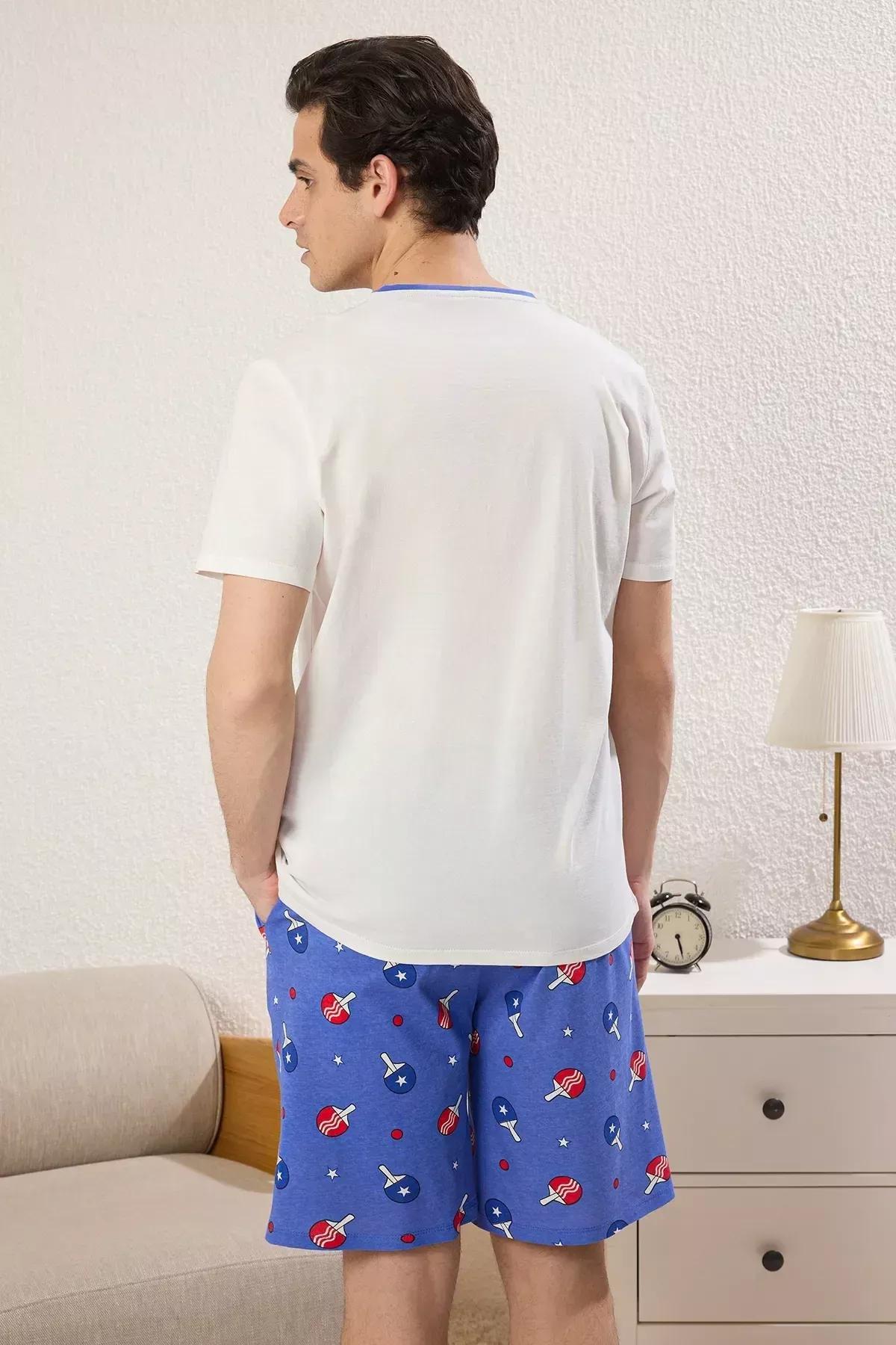 Beige Regular Fit Sports Knitted Pajama Set, Ecru-Blue, large image number 4