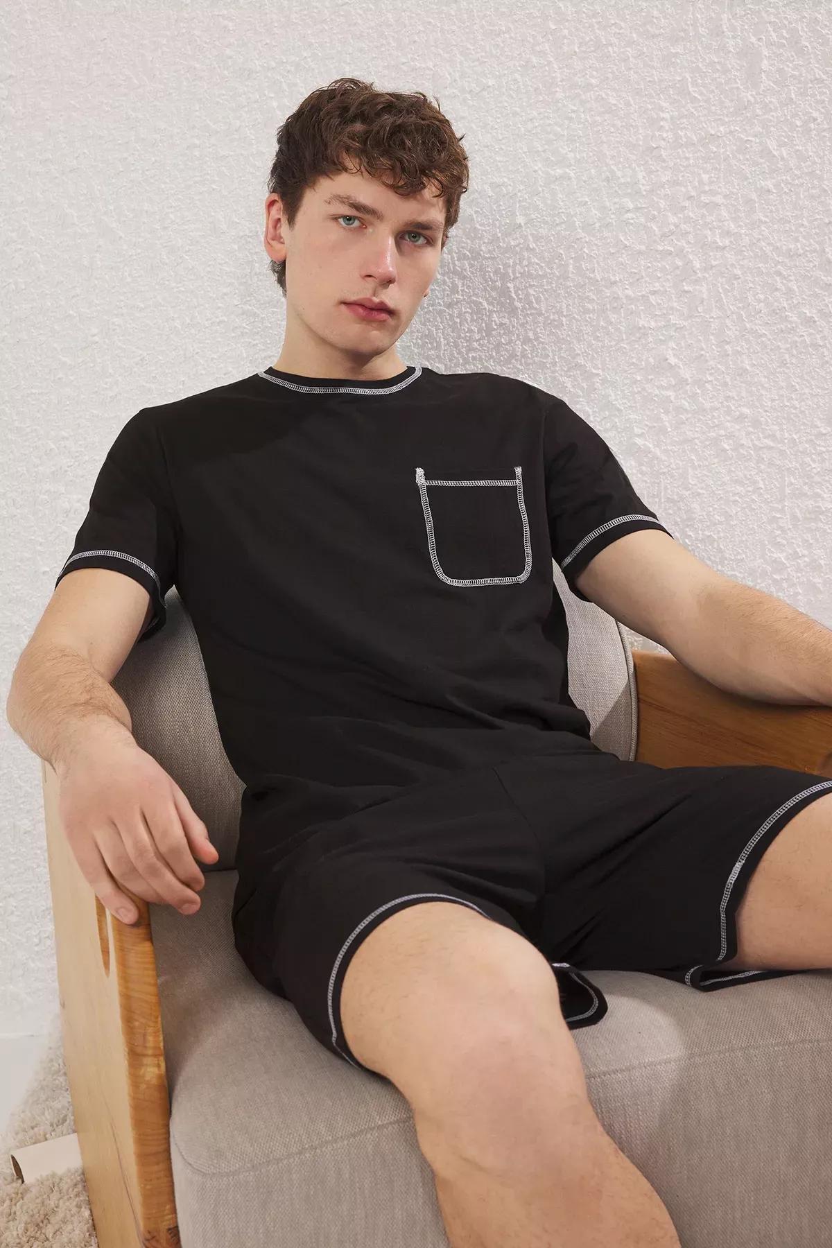 Black Regular Fit Knitted Pajama Set, , large image number 0