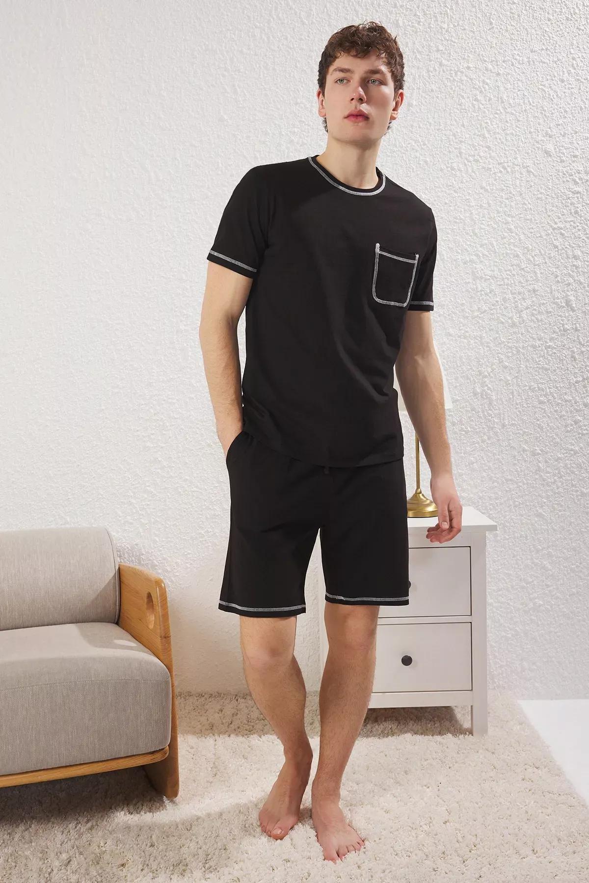 Black Regular Fit Knitted Pajama Set, , large image number 1