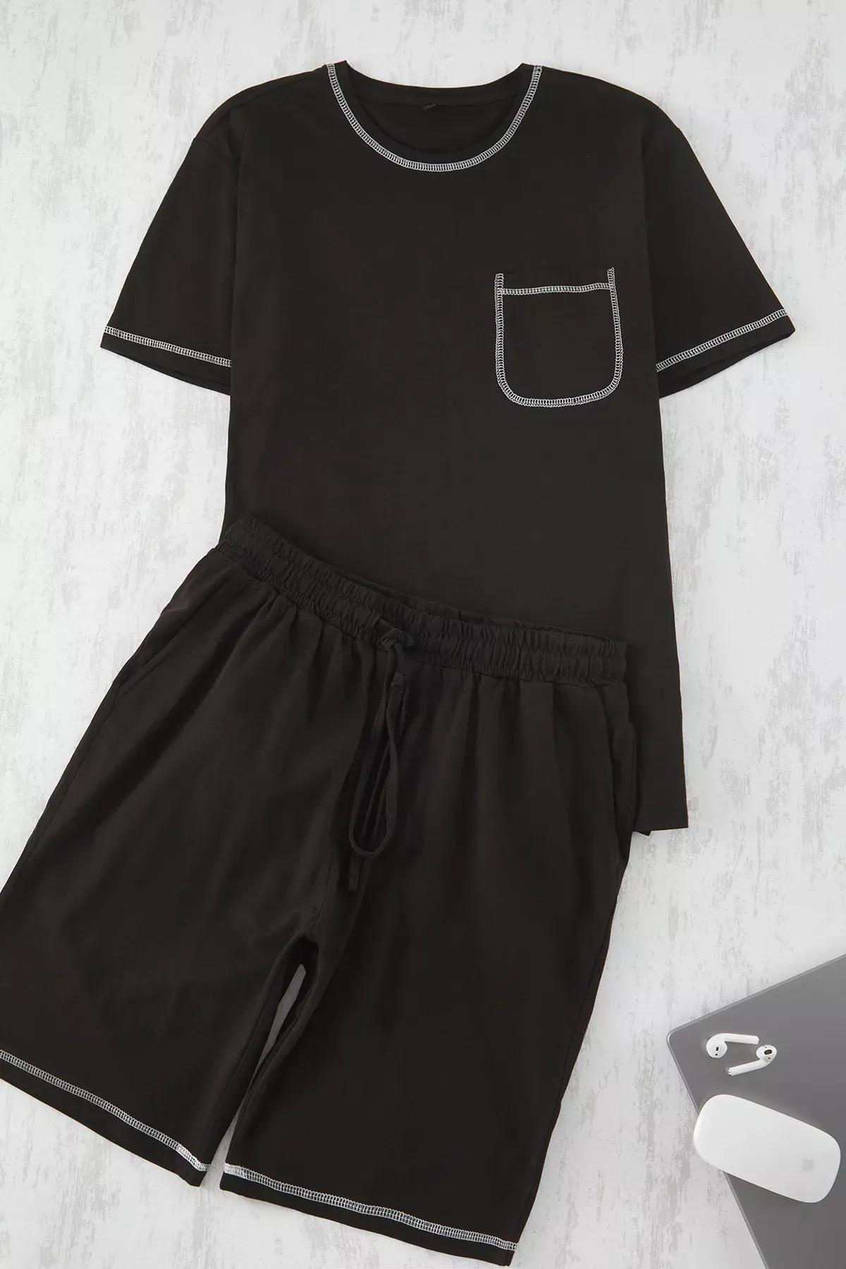 Black Regular Fit Knitted Pajama Set, , large image number 4