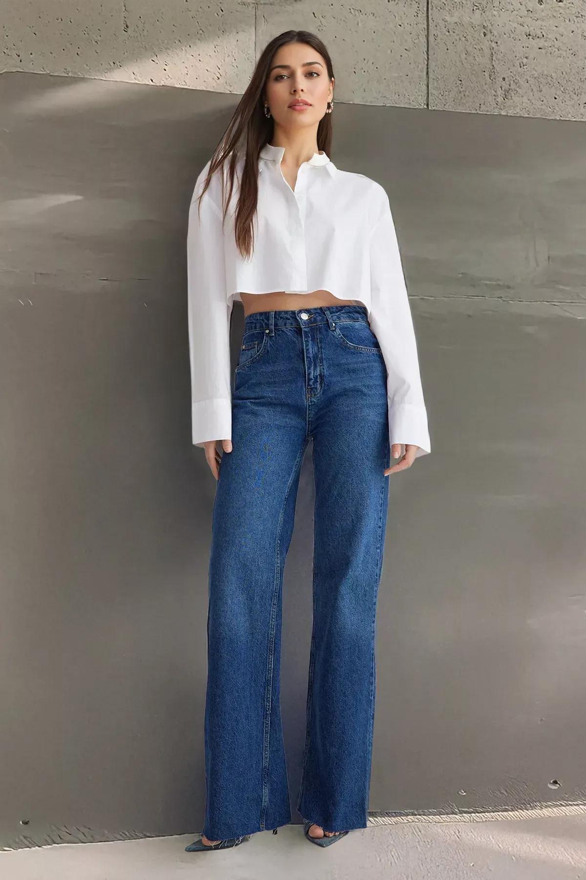 Blue High-Waist Wide Leg Jeans, , large image number 0