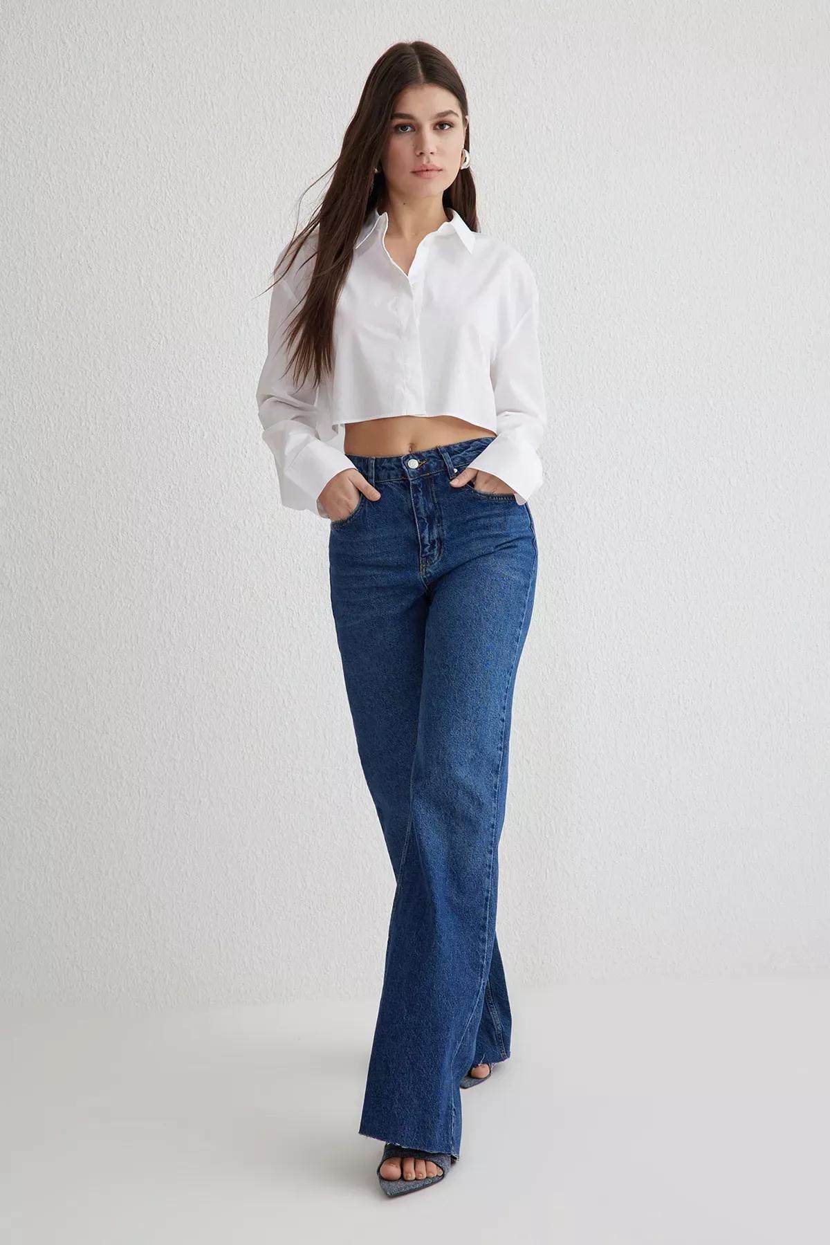 Blue High-Waist Wide Leg Jeans, , large image number 1