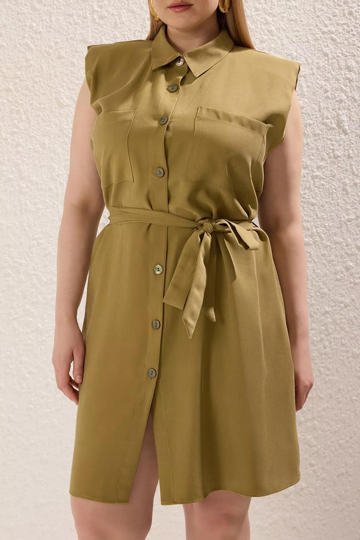 Green Sleeveless Belted Mini Plus-Size Shirt Dress, Khaki, large image number 2