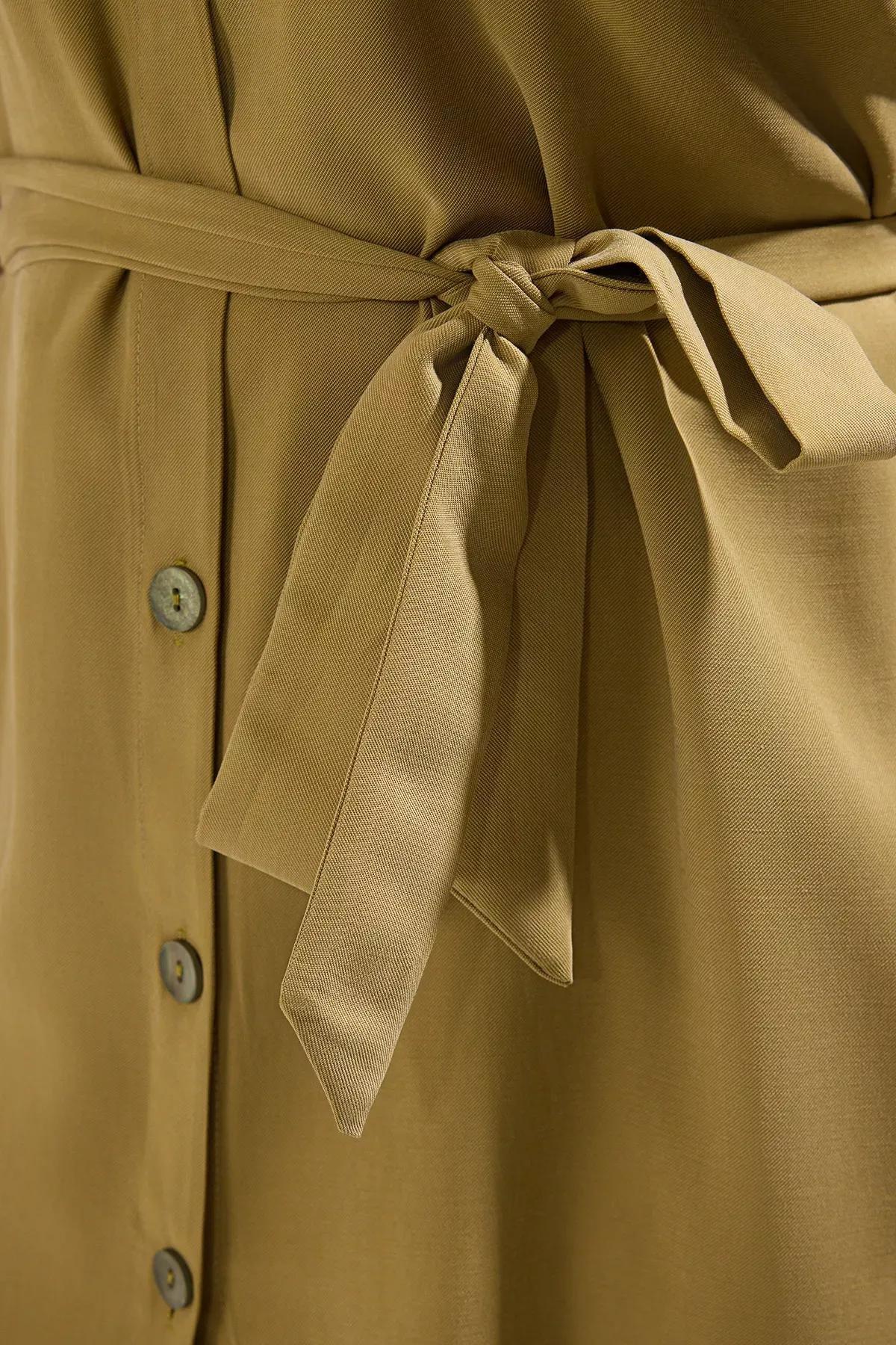 Green Sleeveless Belted Mini Plus-Size Shirt Dress, Khaki, large image number 3