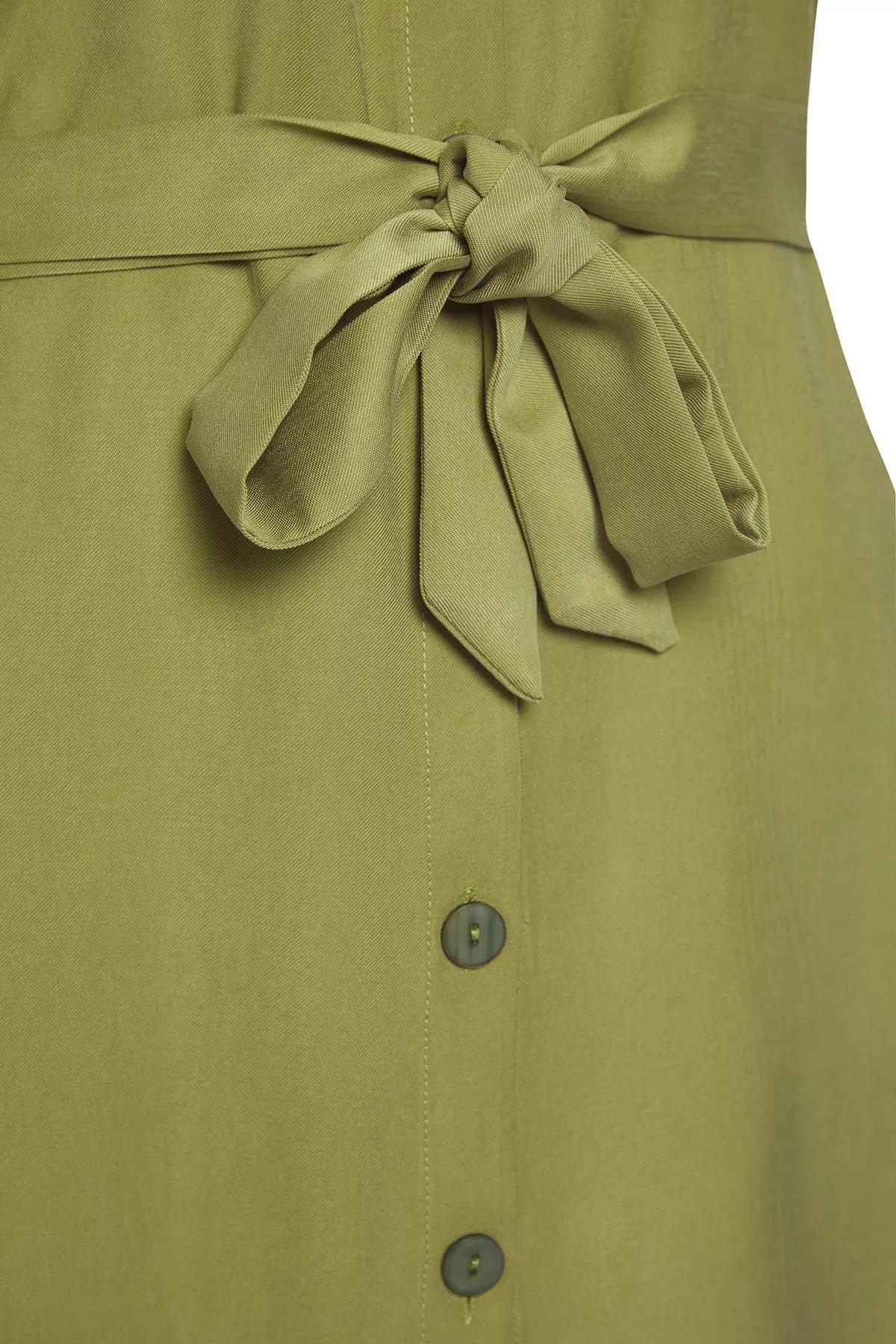 Green Sleeveless Belted Mini Plus-Size Shirt Dress, Khaki, large image number 5
