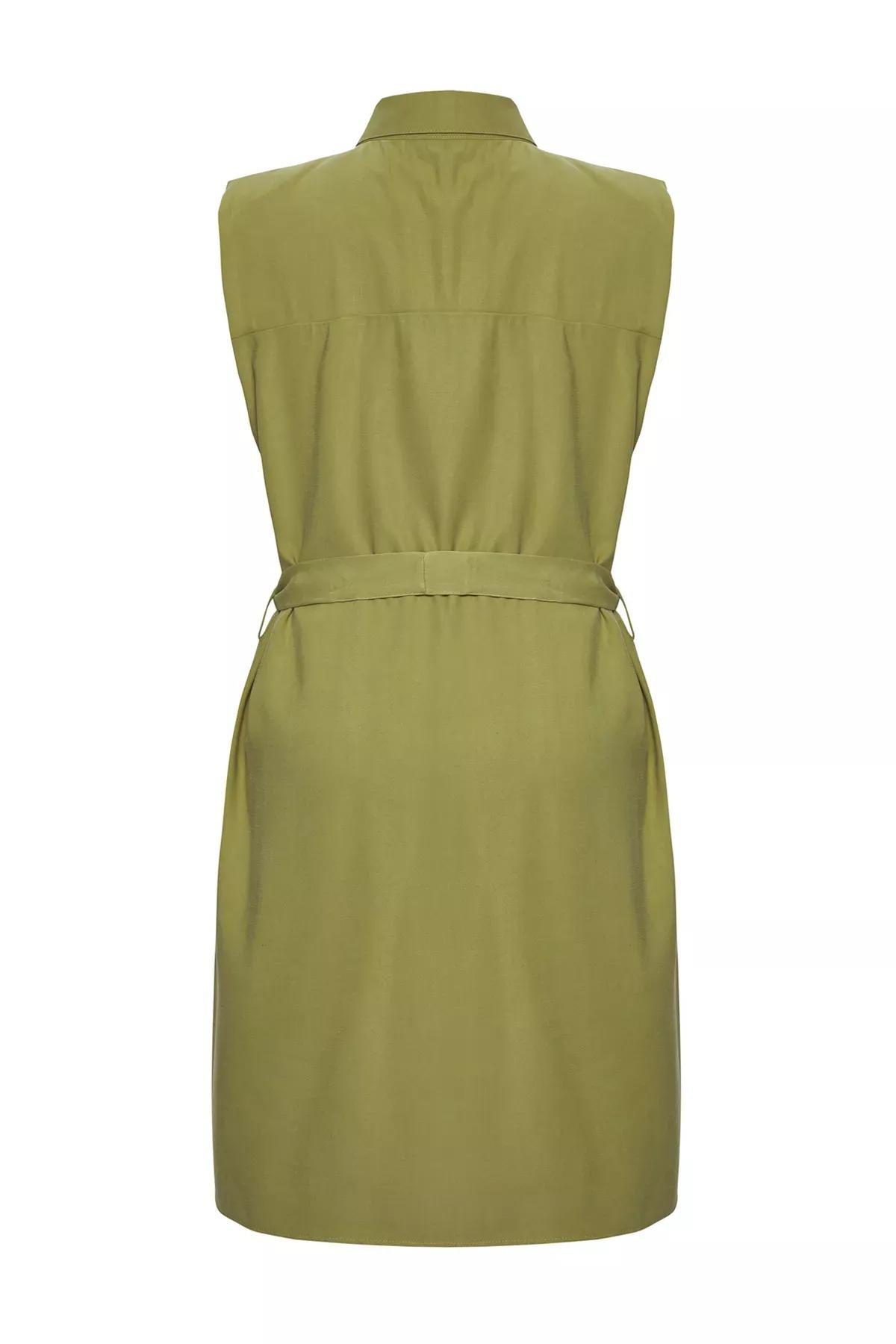 Green Sleeveless Belted Mini Plus-Size Shirt Dress, Khaki, large image number 6