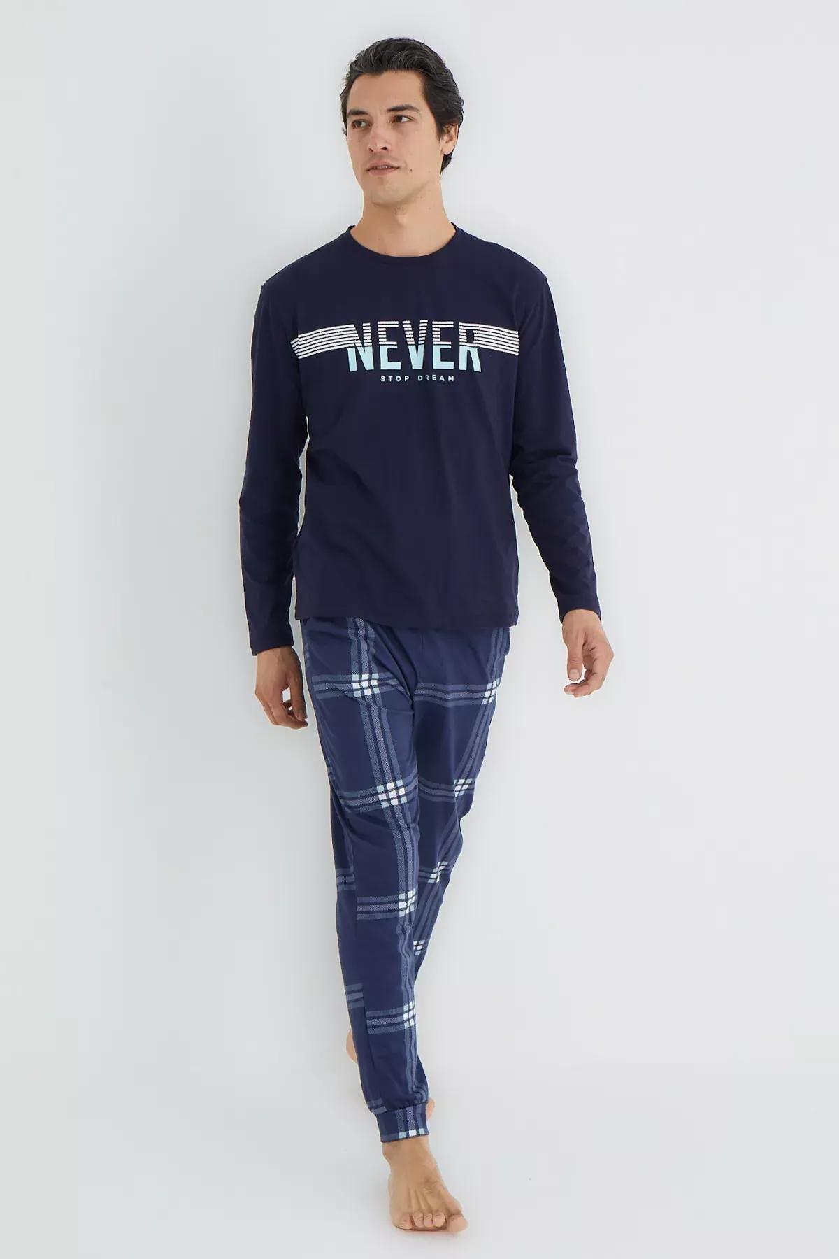 Navy Plaid Knitted Pajama Set, , large image number 0