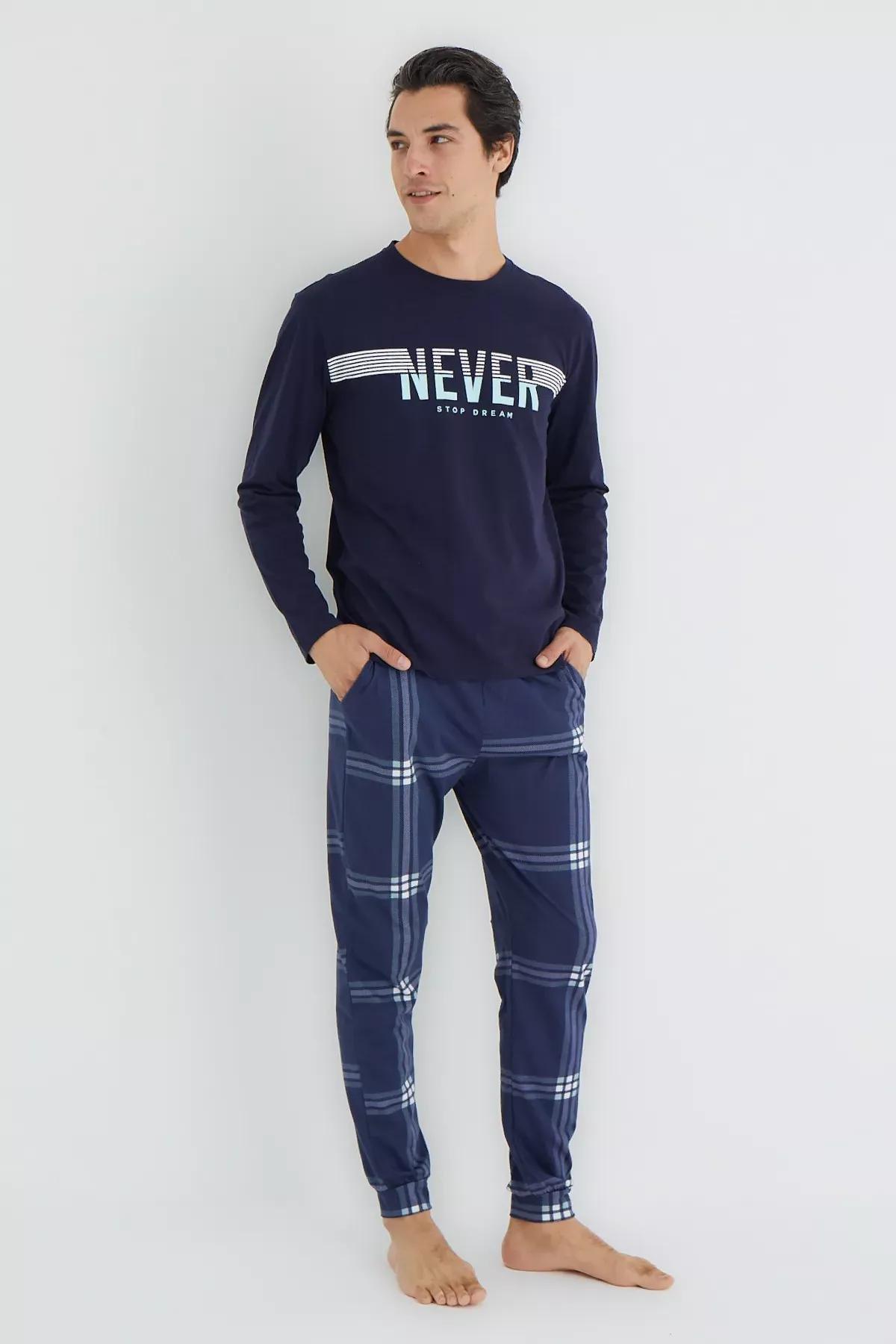 Navy Plaid Knitted Pajama Set, , large image number 1