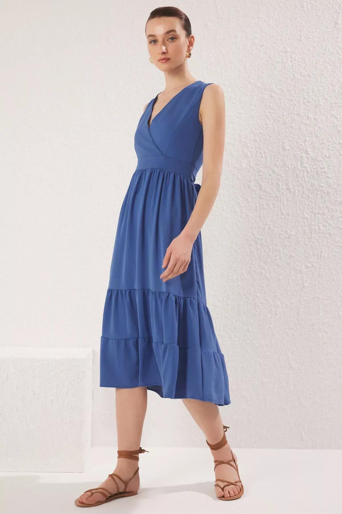 Blue Double-Breasted Midi Dress, Indigo, large image number 0