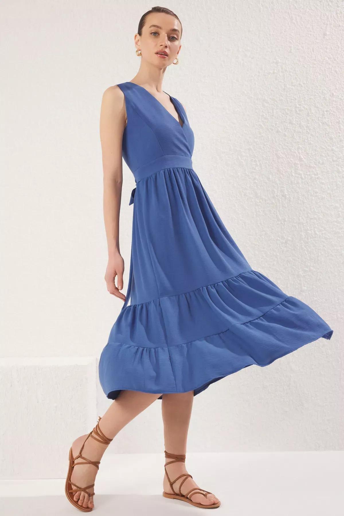 Blue Double-Breasted Midi Dress, Indigo, large image number 2