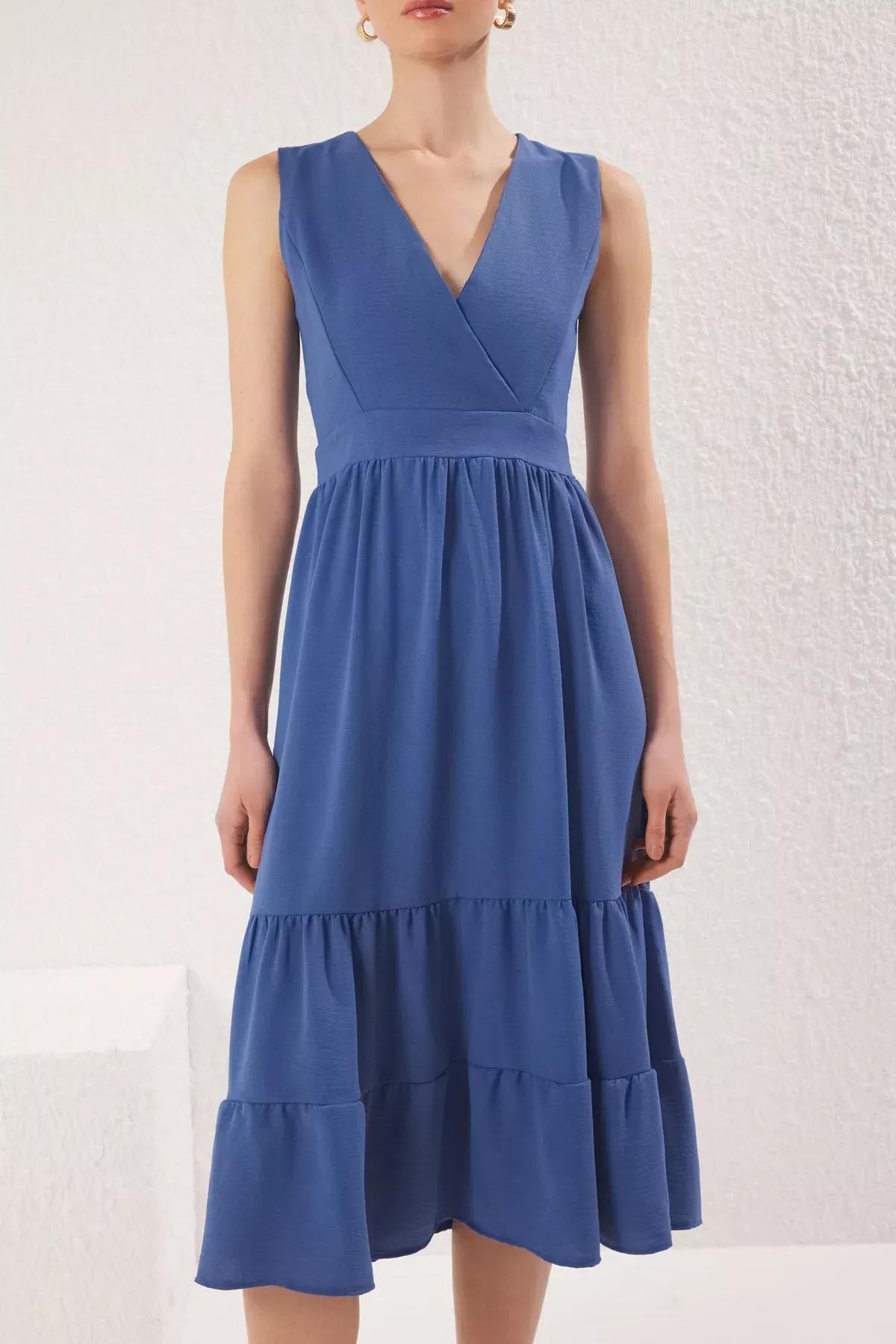 Blue Double-Breasted Midi Dress, Indigo, large image number 3