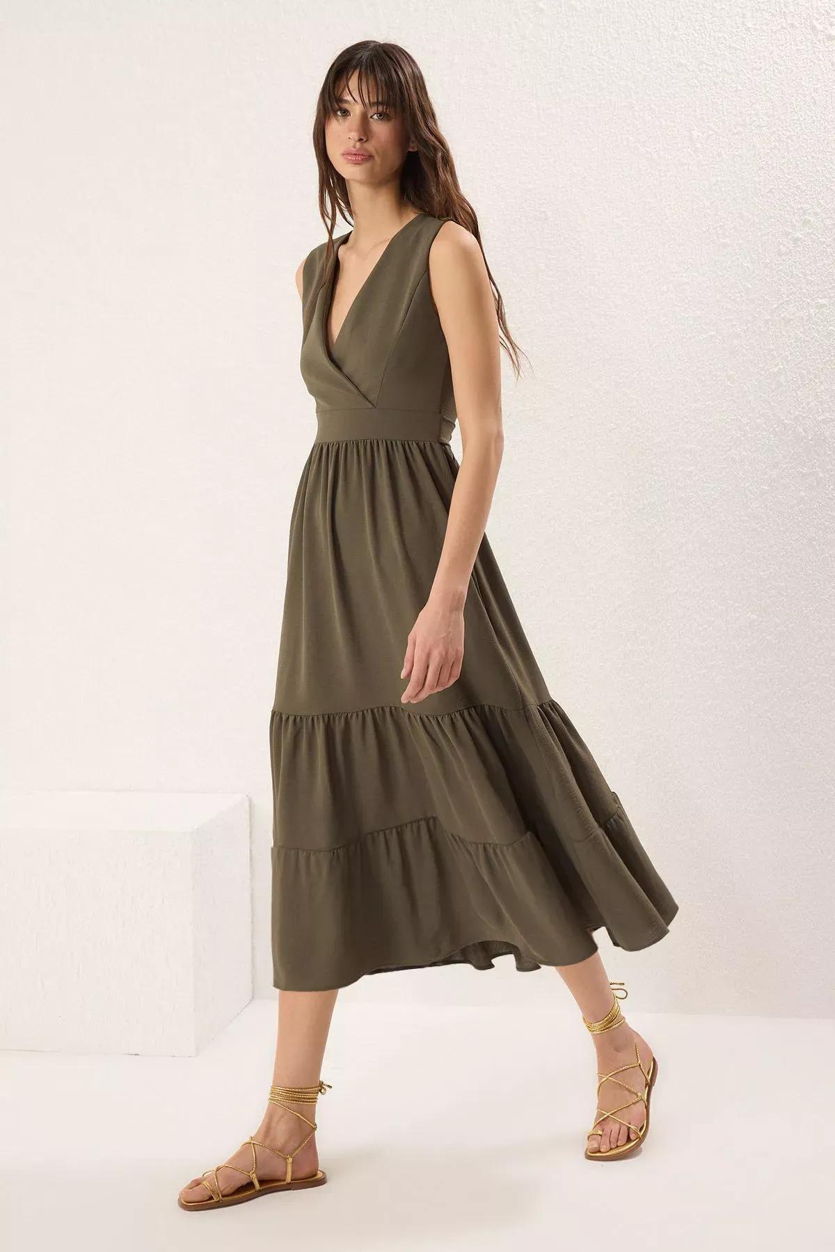Khaki Plain Double-Breasted Midi Dress, , large image number 0