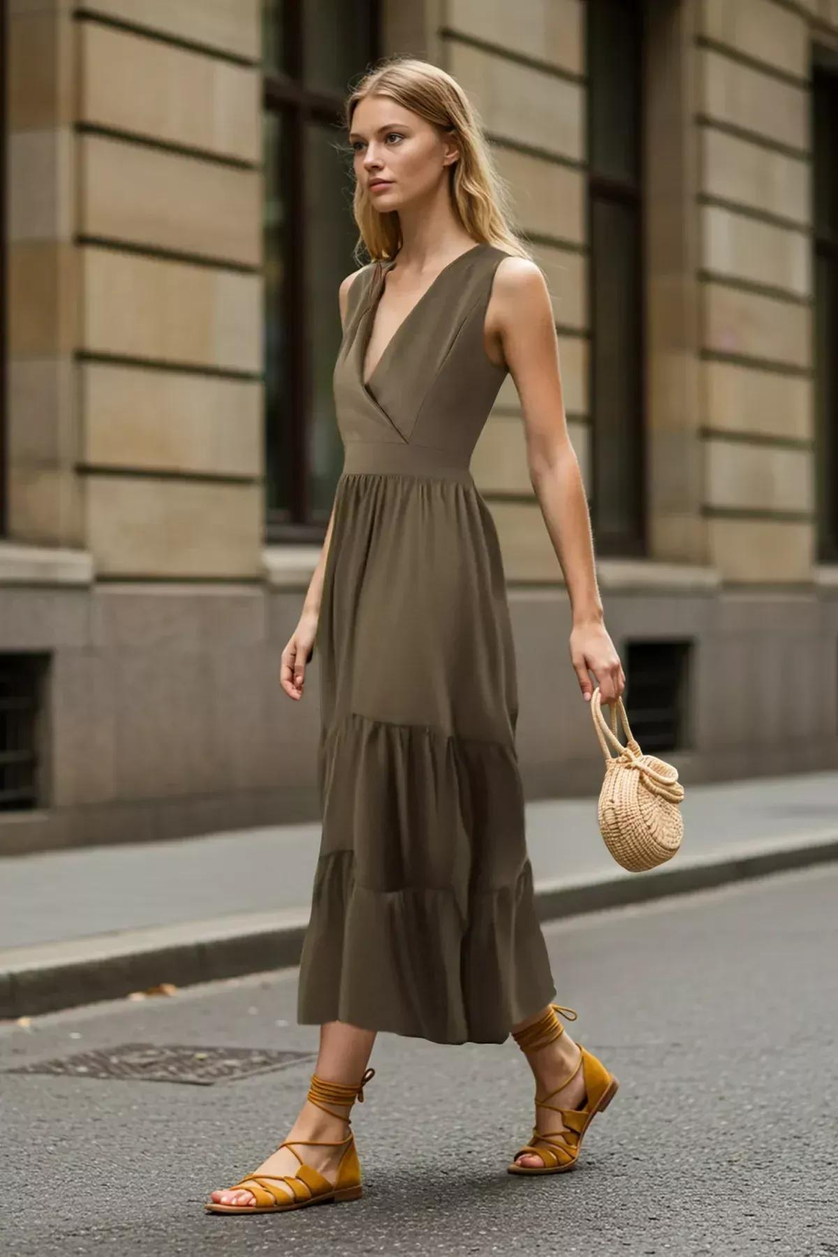 Khaki Plain Double-Breasted Midi Dress, Khaki, large image number 1