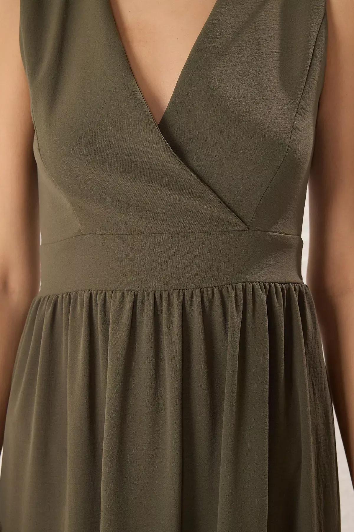Khaki Plain Double-Breasted Midi Dress, , large image number 2