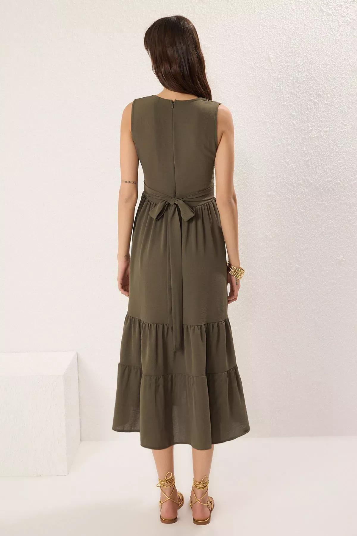 Khaki Plain Double-Breasted Midi Dress, , large image number 3
