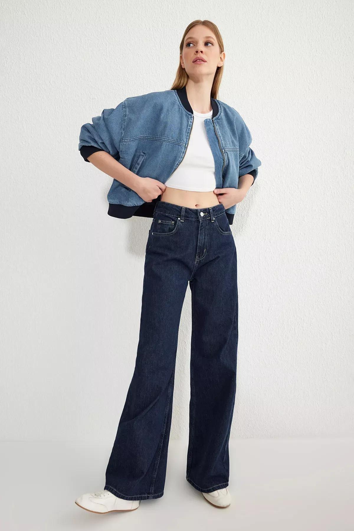Blue Regular Wide Leg Jeans, DARK BLUE, large image number 0