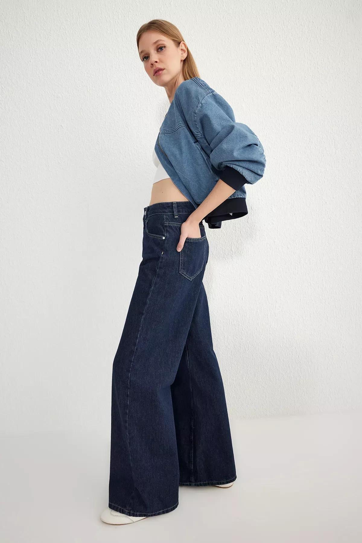 Blue Regular Wide Leg Jeans, DARK BLUE, large image number 1