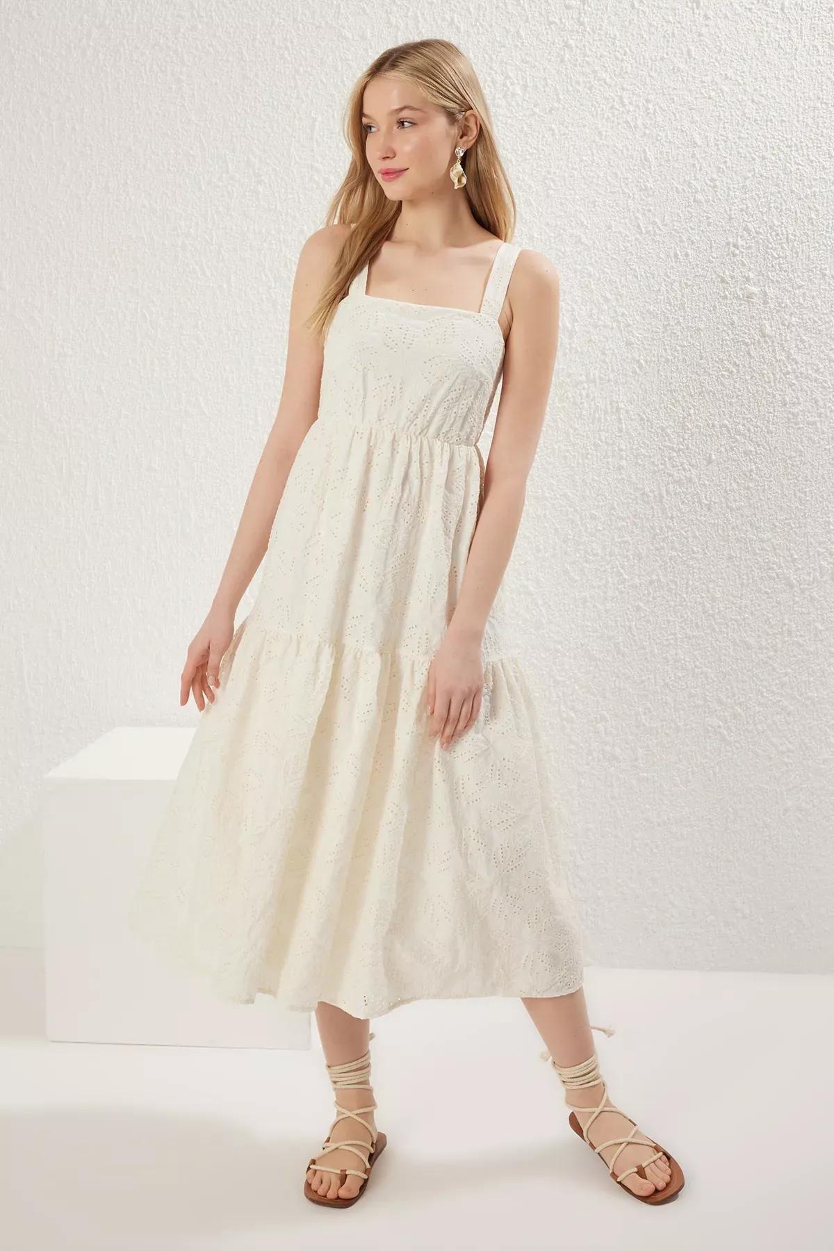 Ecru Plain Midi Embroidered Woven Dress, Ecru, large image number 0