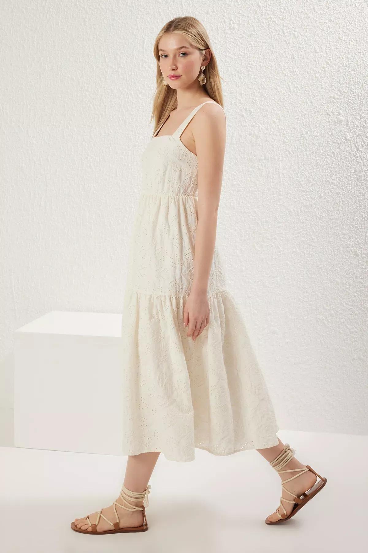 Ecru Plain Midi Embroidered Woven Dress, Ecru, large image number 1