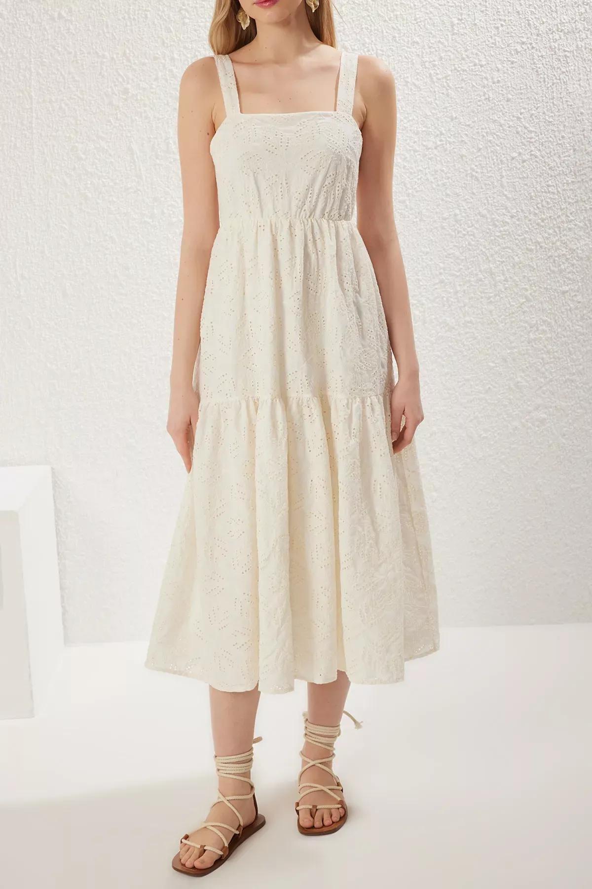 Ecru Plain Midi Embroidered Woven Dress, Ecru, large image number 2