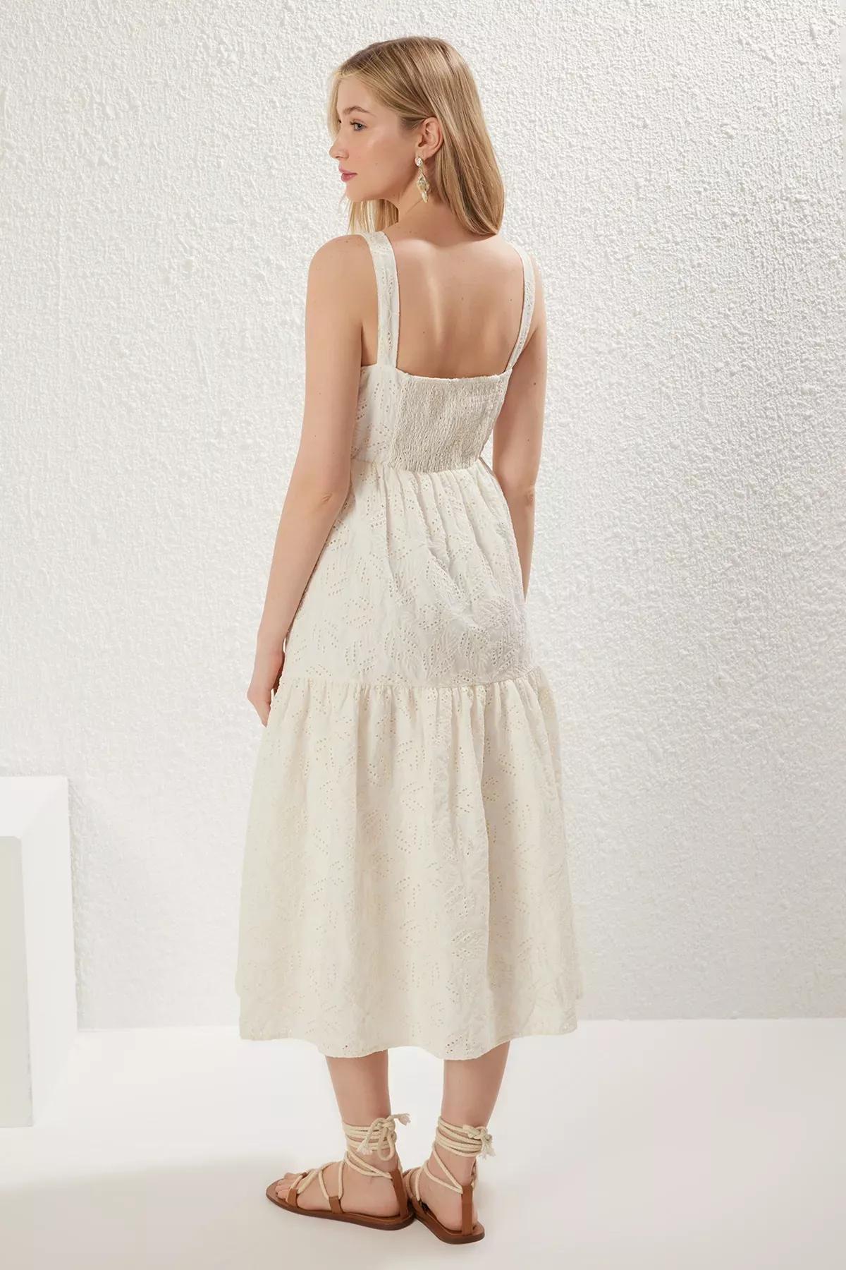 Ecru Plain Midi Embroidered Woven Dress, Ecru, large image number 4
