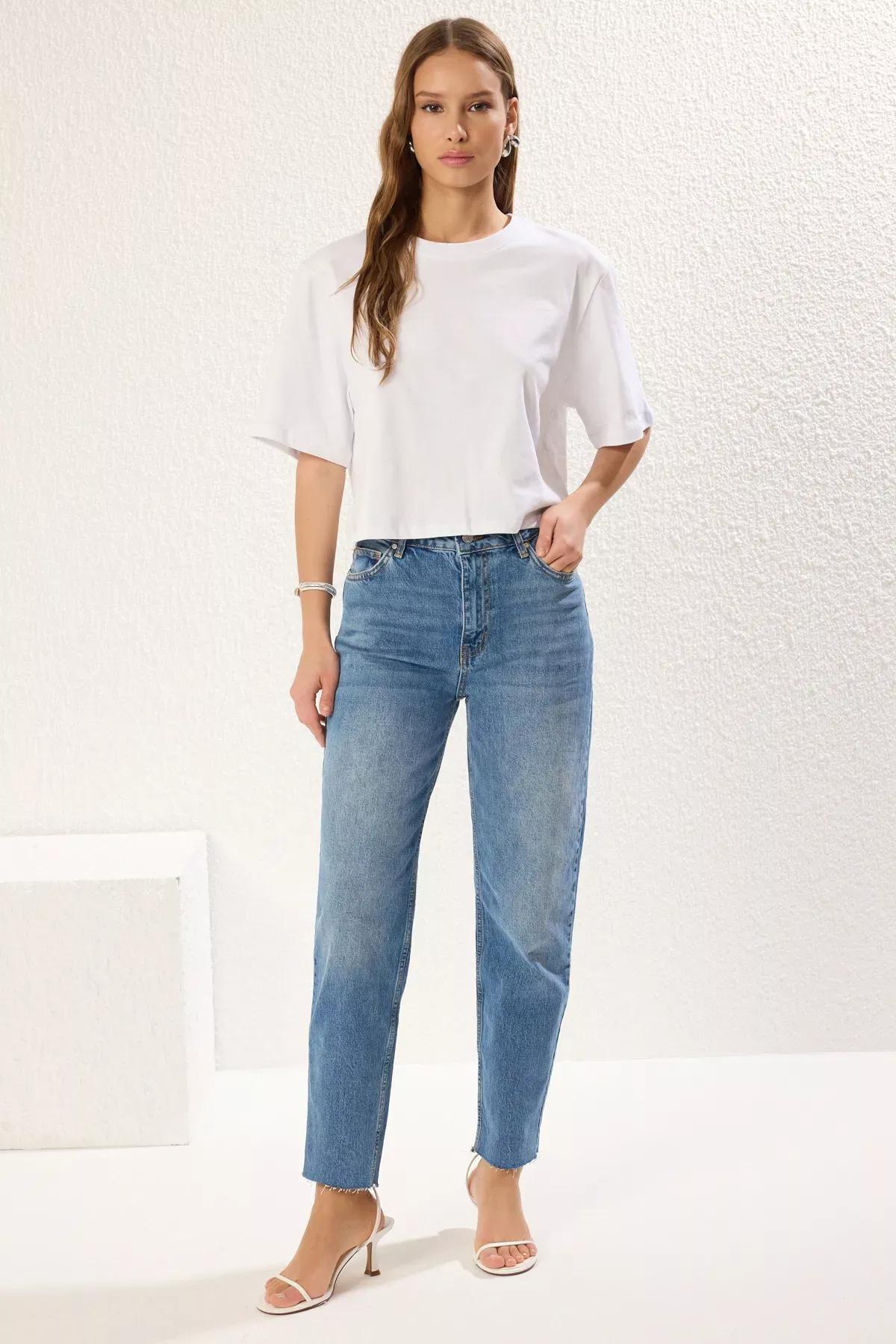 Blue Comfort Mom Jeans, , large image number 0