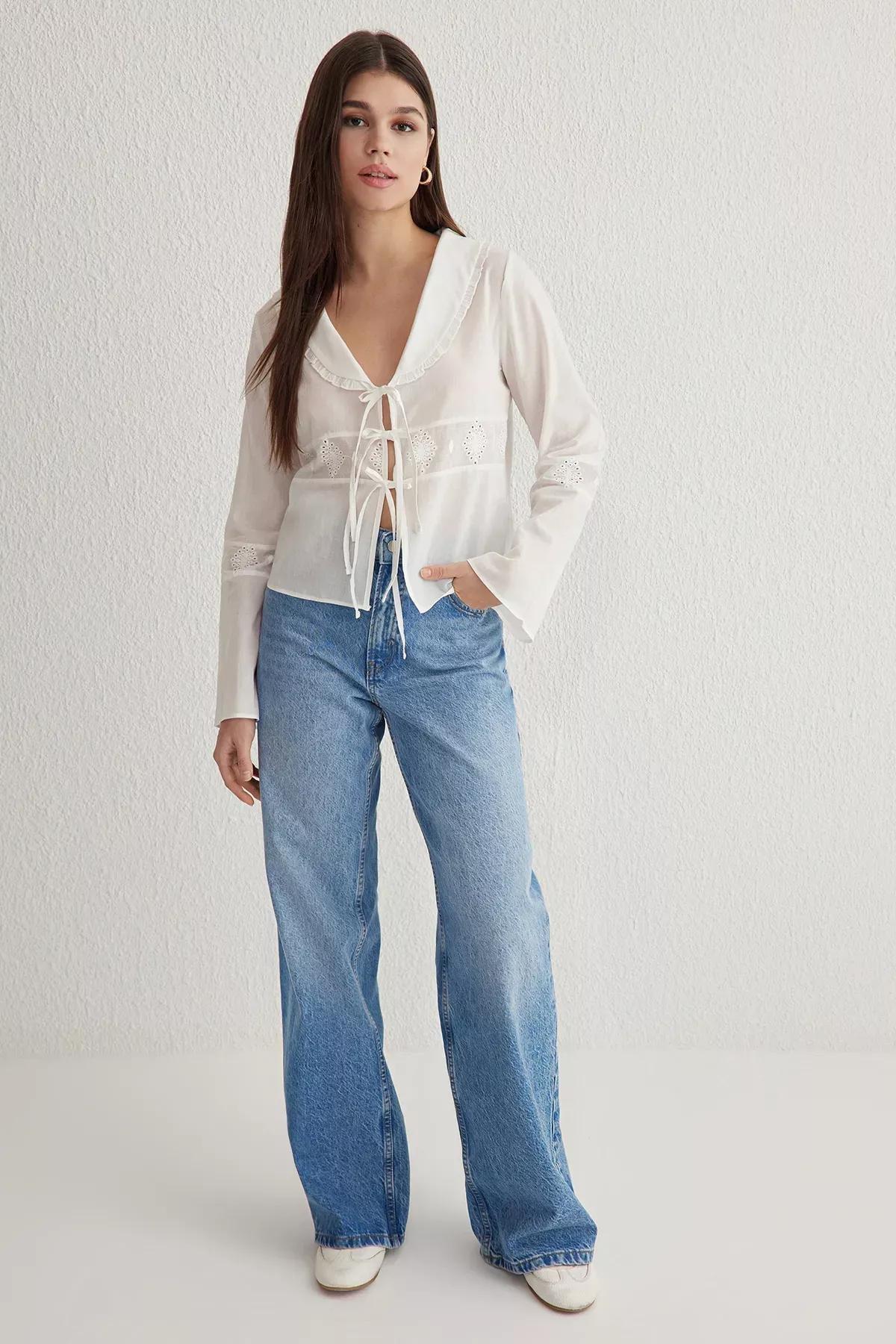 White Collar Front Tie Shirt, White, medium