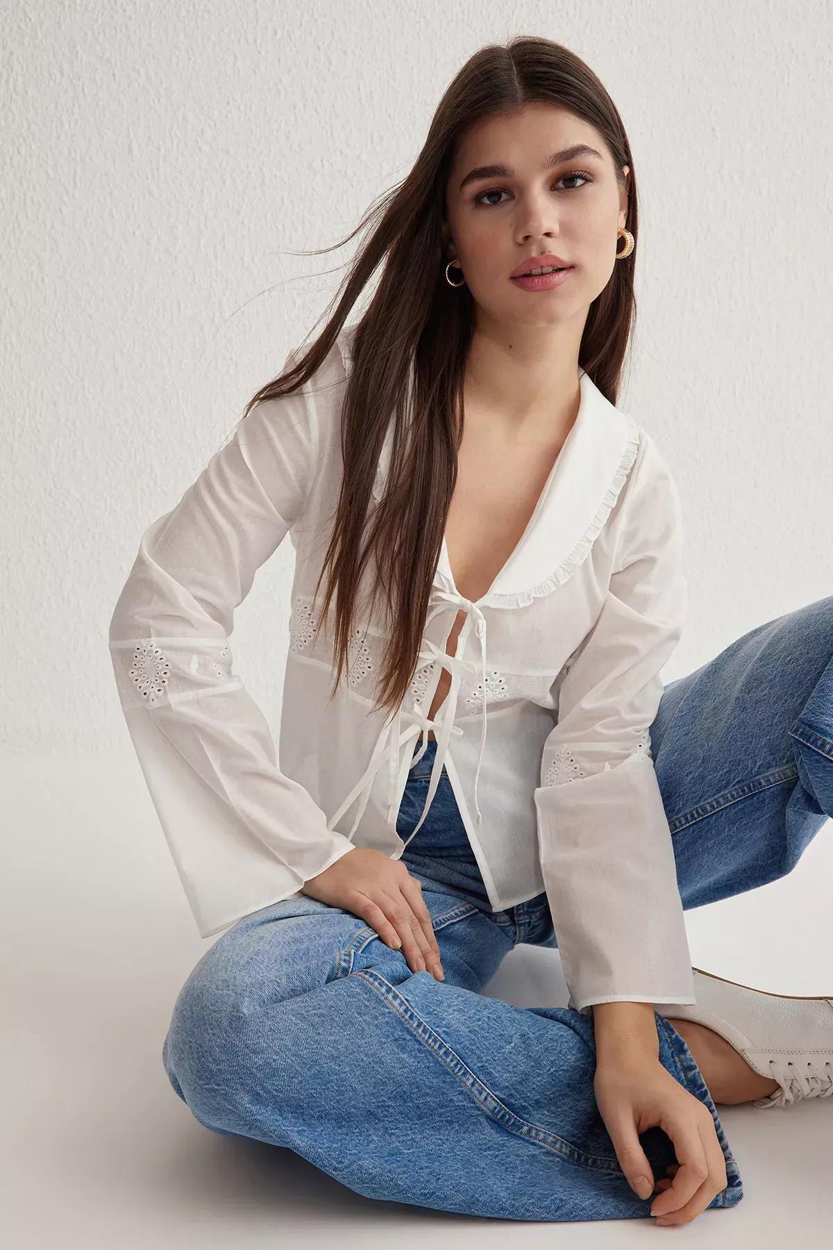 White Collar Front Tie Shirt, White, medium