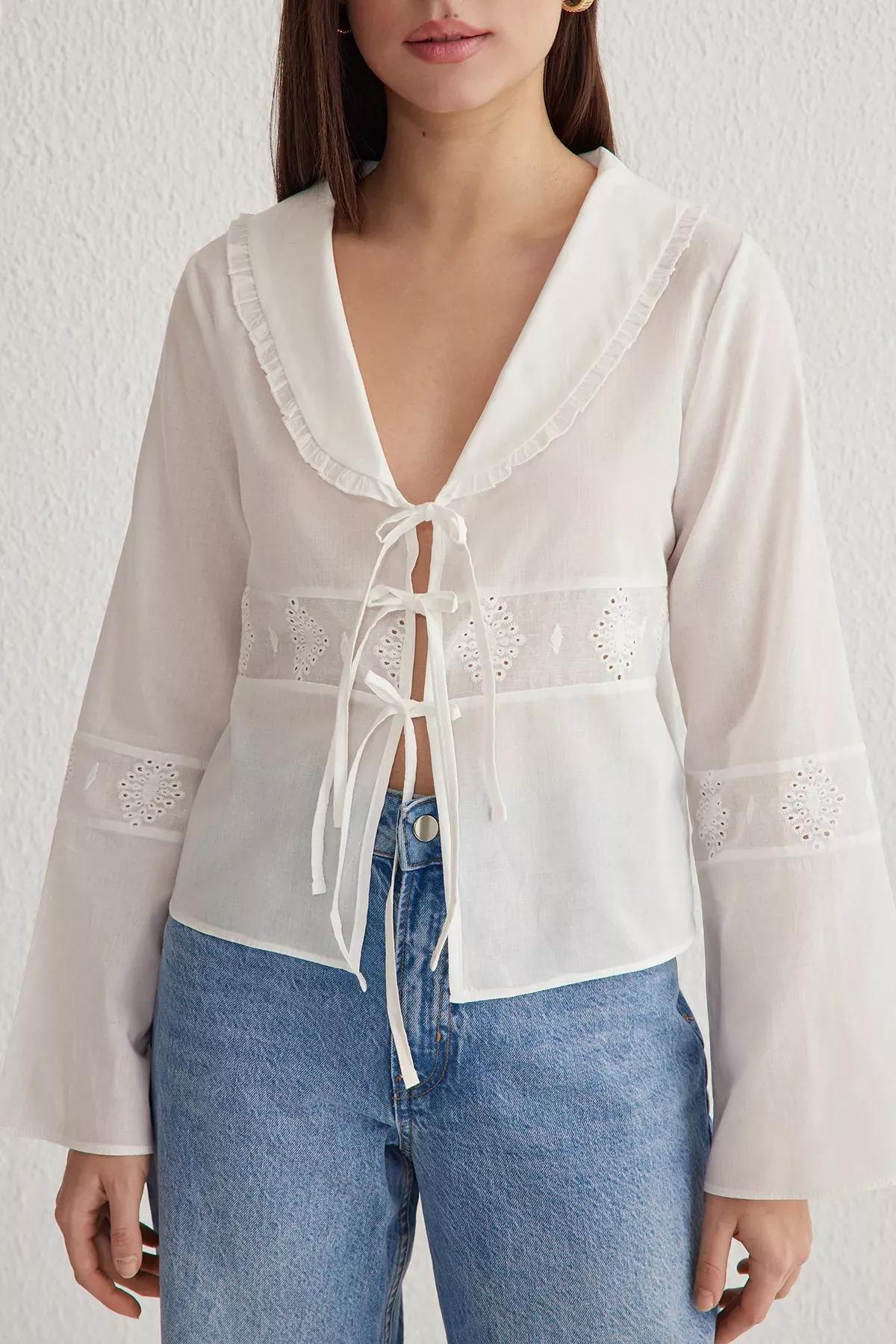 White Collar Front Tie Shirt, White, medium