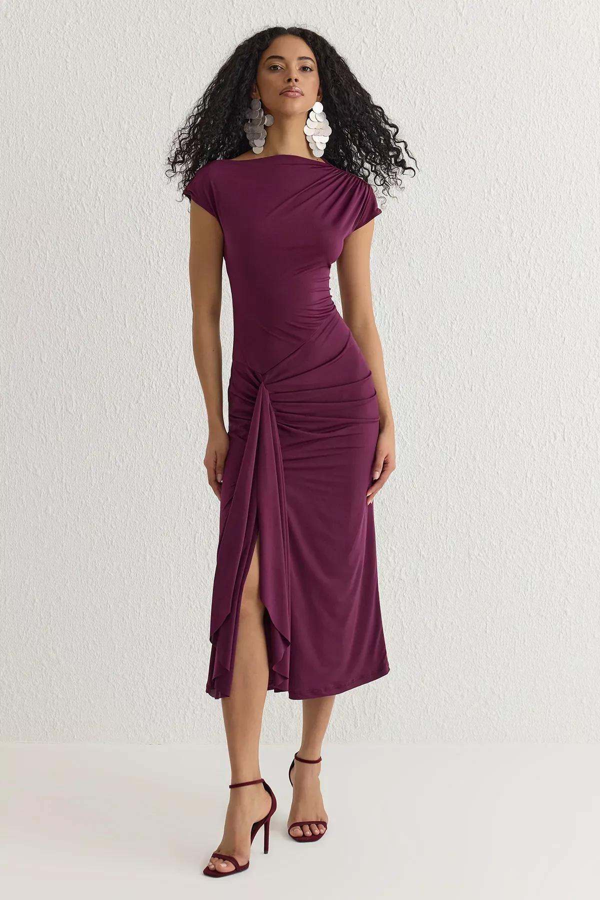 Purple Adjustable Back Laced Knitted Dress, , large image number 0