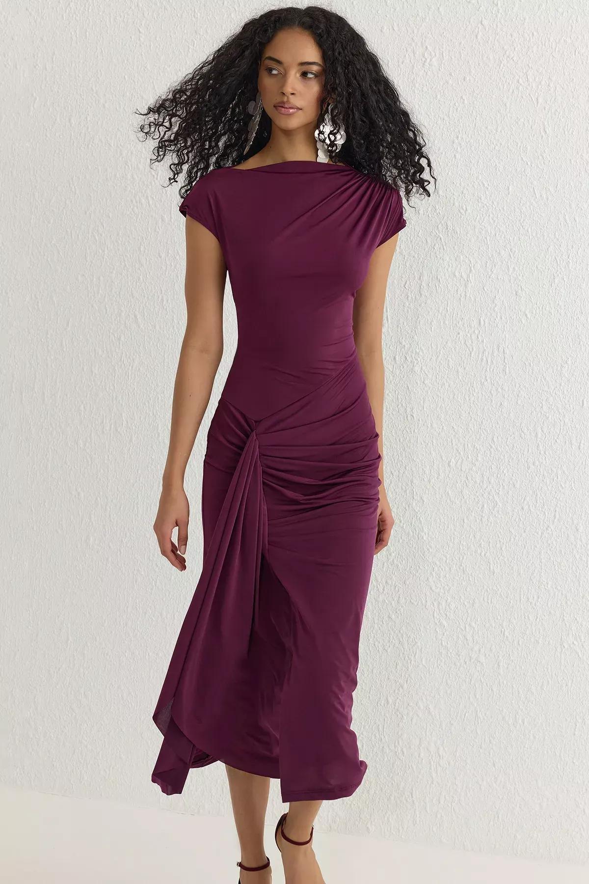 Purple Adjustable Back Laced Knitted Dress, , large image number 1
