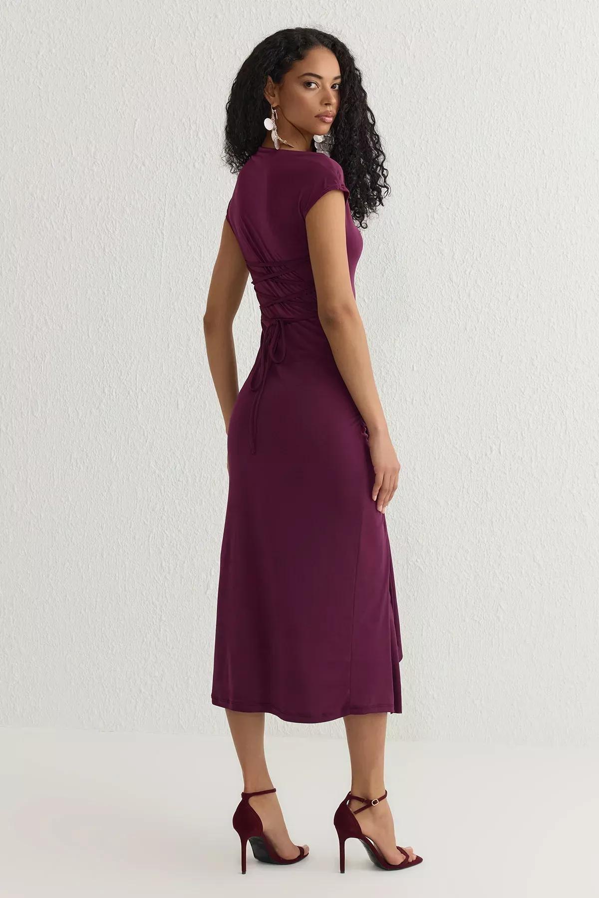 Purple Adjustable Back Laced Knitted Dress, , large image number 4