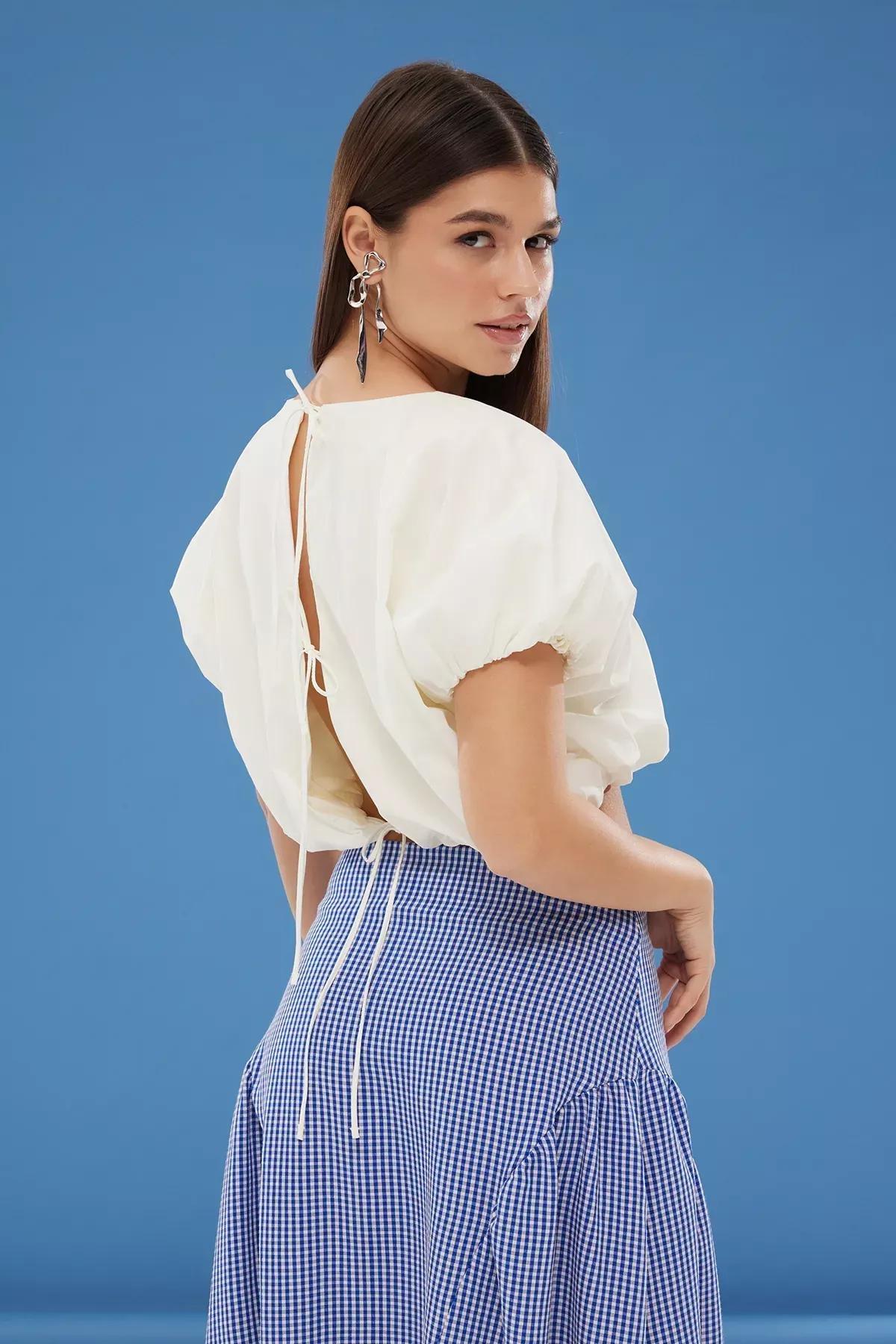 Beige Balloon Pattern Crop Woven Blouse, , large image number 0