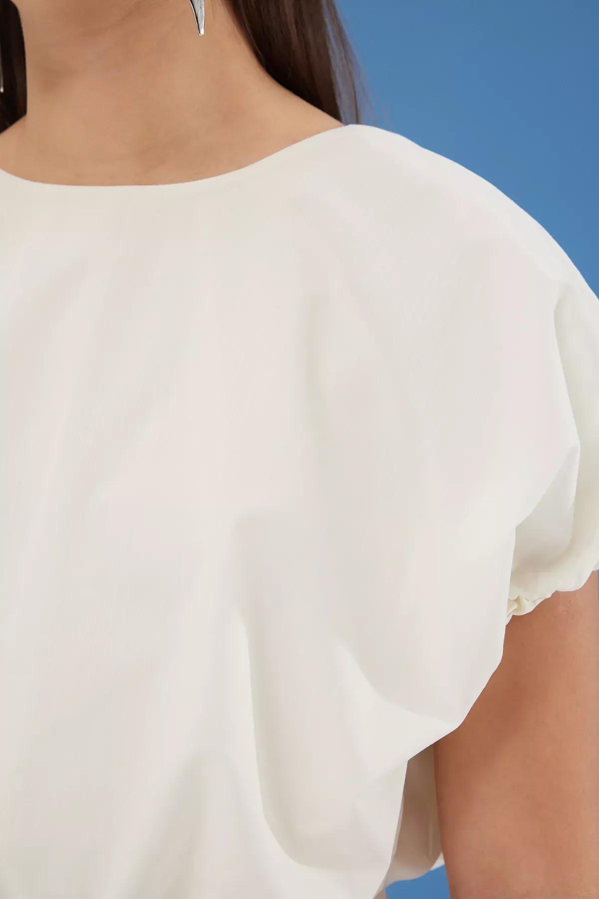 Beige Balloon Pattern Crop Woven Blouse, , large image number 3