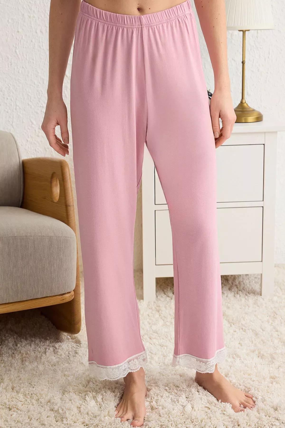 Pink Lace & Ribbon Detail Knitted Pajama Set (2 pcs), C101_7329, large image number 3