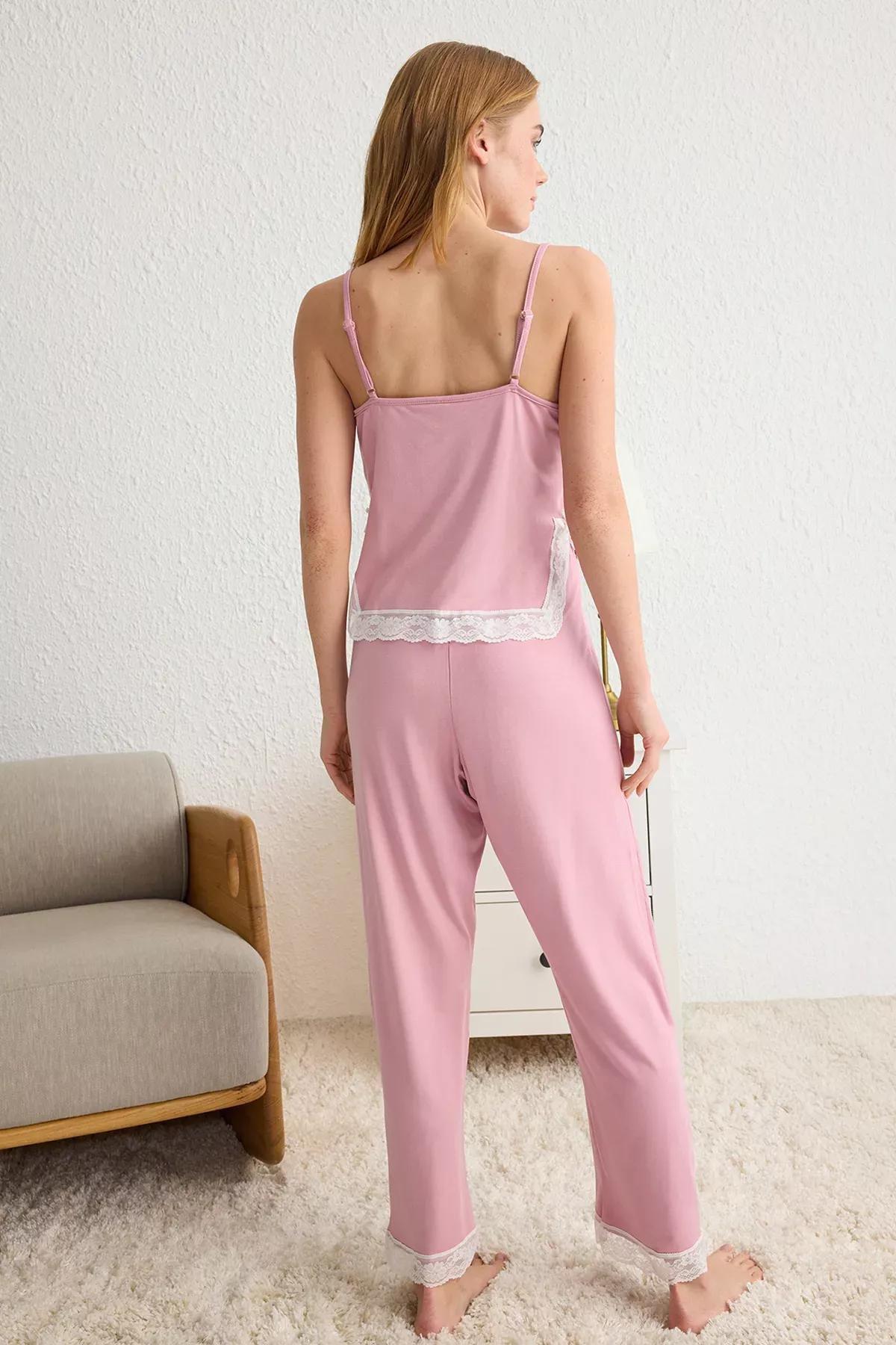 Pink Lace & Ribbon Detail Knitted Pajama Set (2 pcs), C101_7329, large image number 4