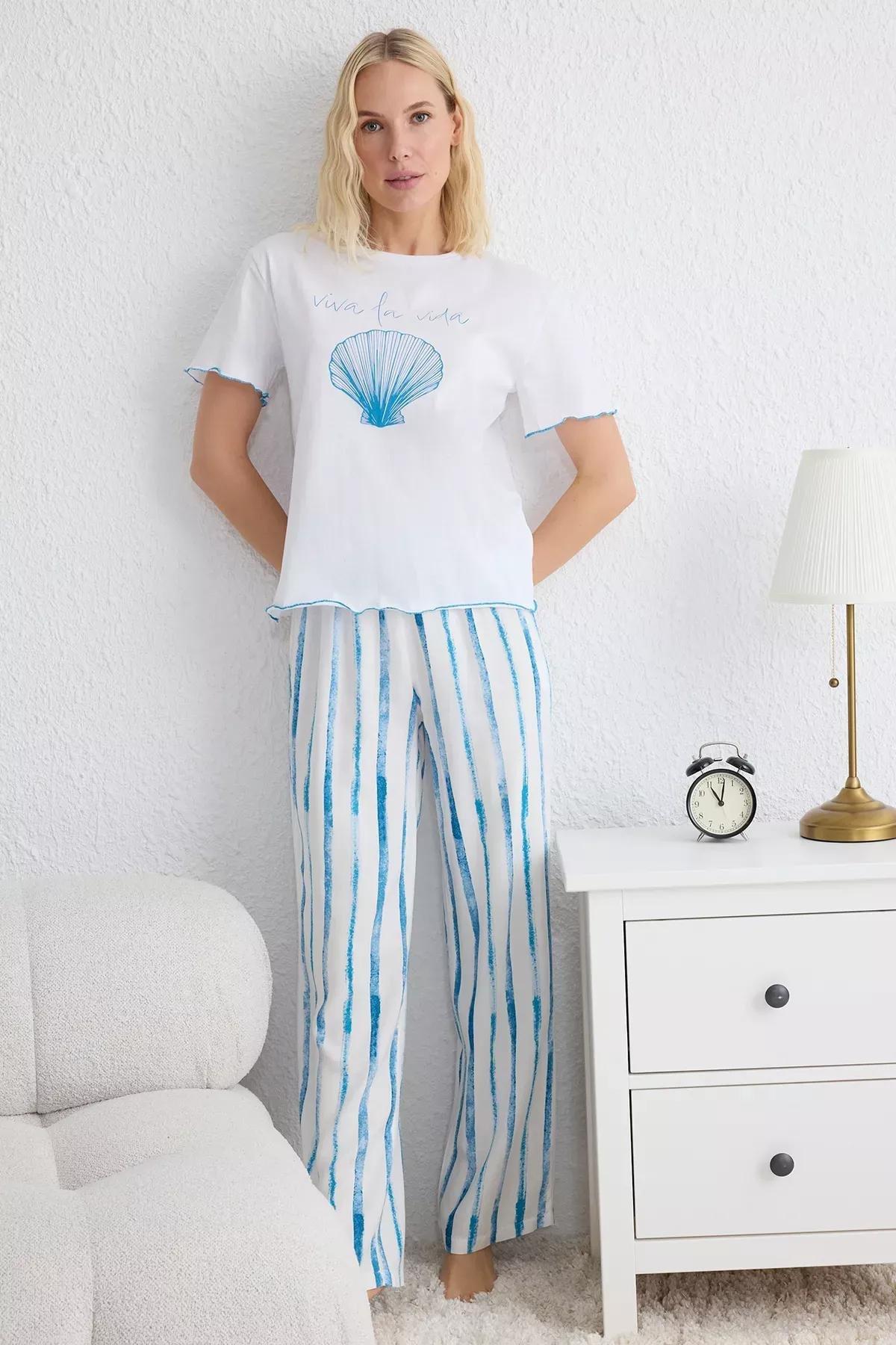 White-Blue Striped Pajama Set, , large image number 0