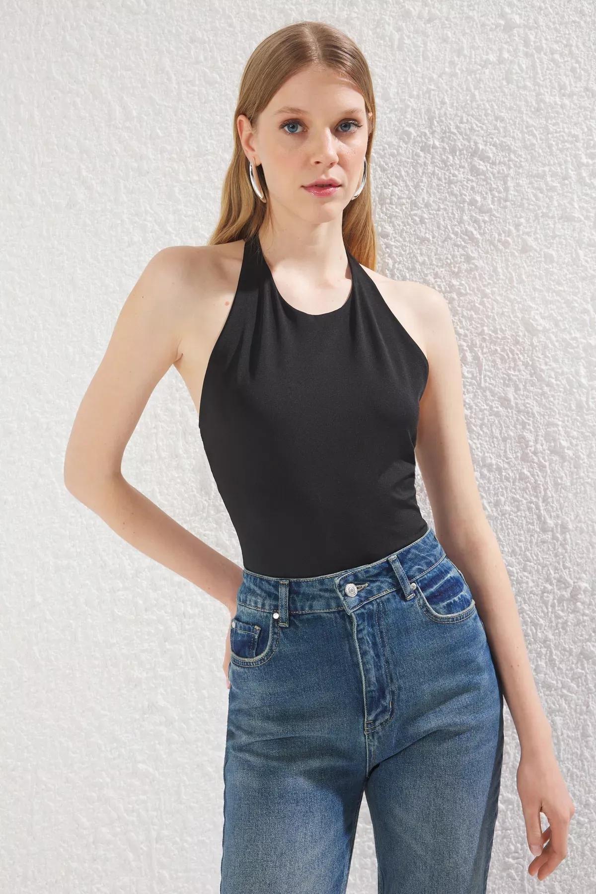 Black Halter Neck Bow Back Bodysuit, , large image number 0
