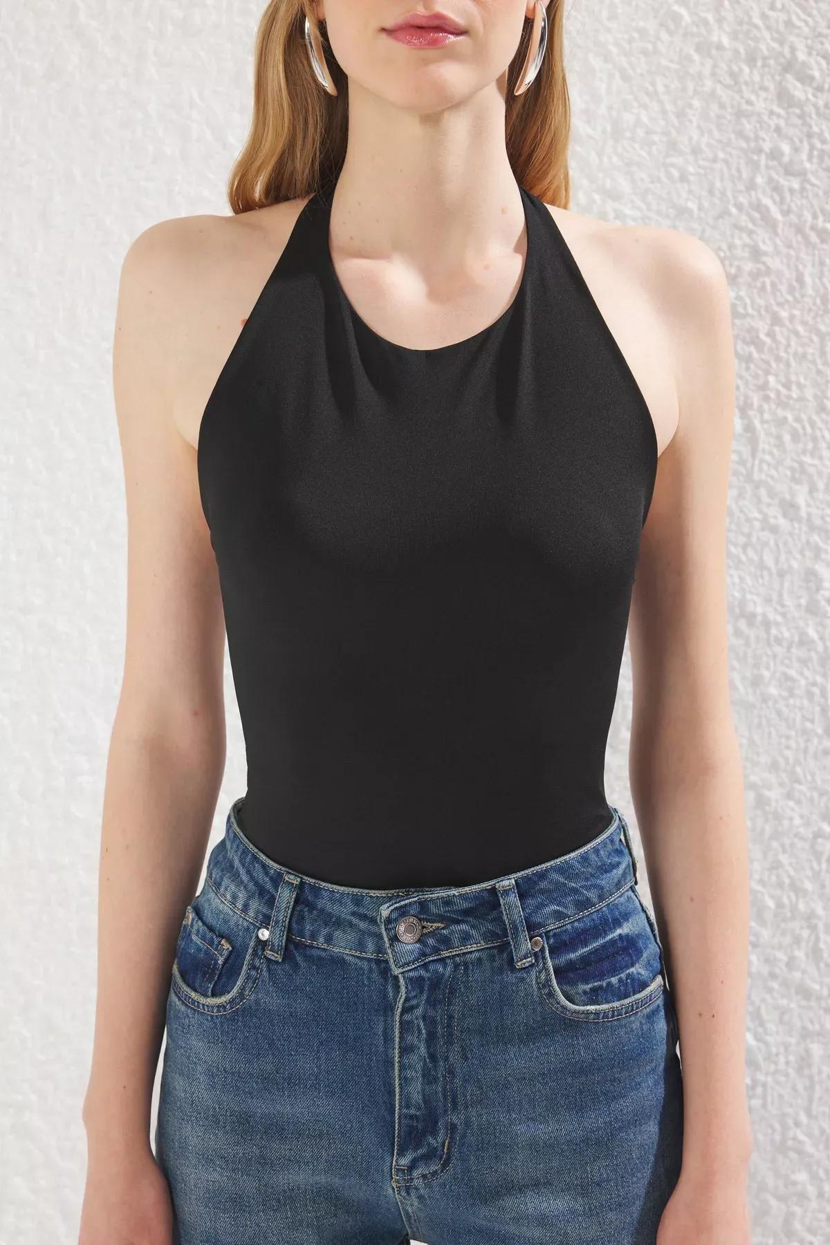 Black Halter Neck Bow Back Bodysuit, , large image number 2