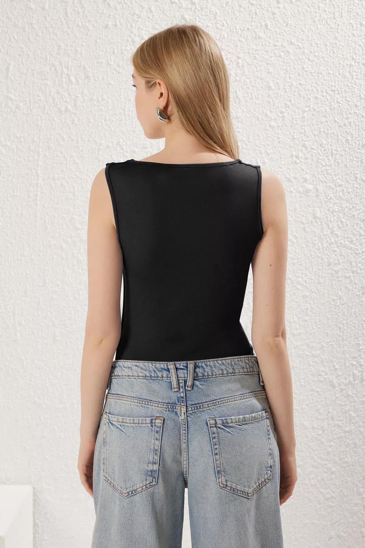 Black Gathered Snap Elastic Bodysuit, , large image number 4