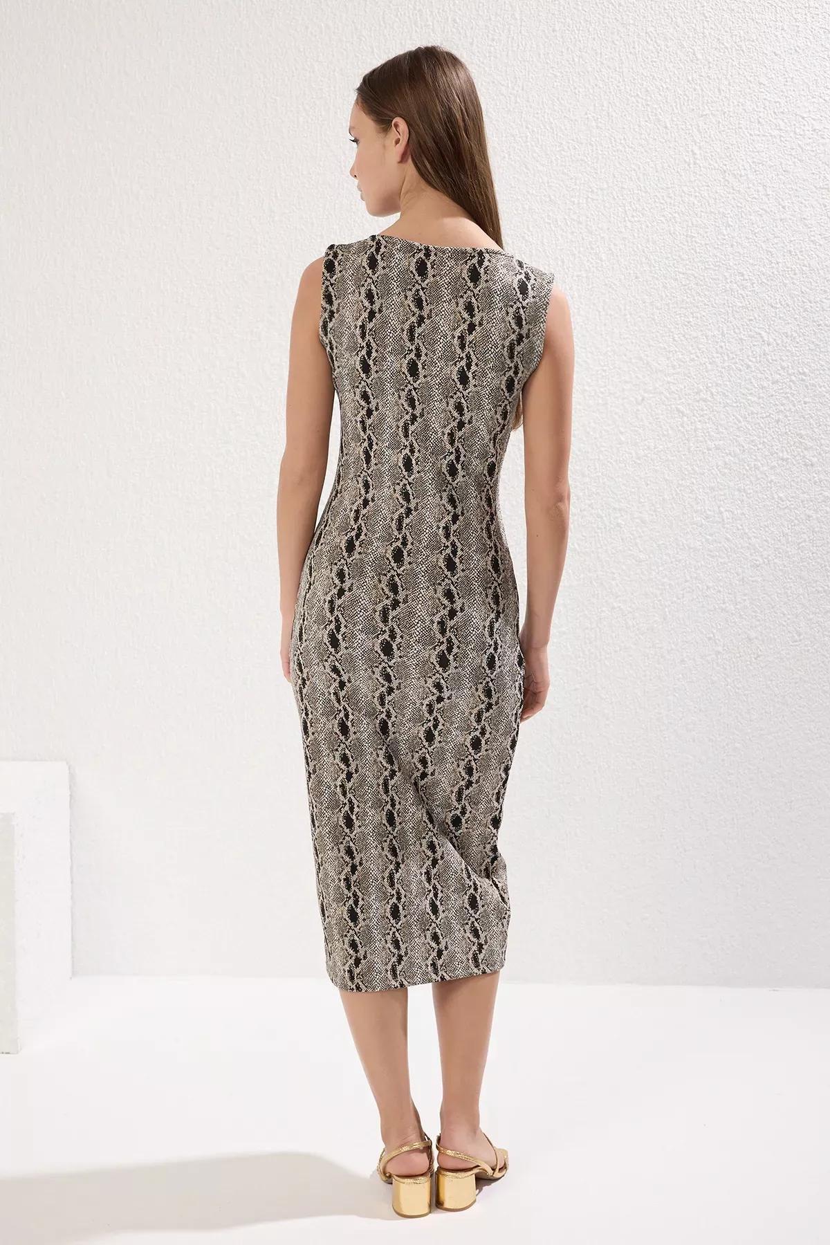 Brown Animal Patterned Bodycon Midi Dress, Brown, large image number 3