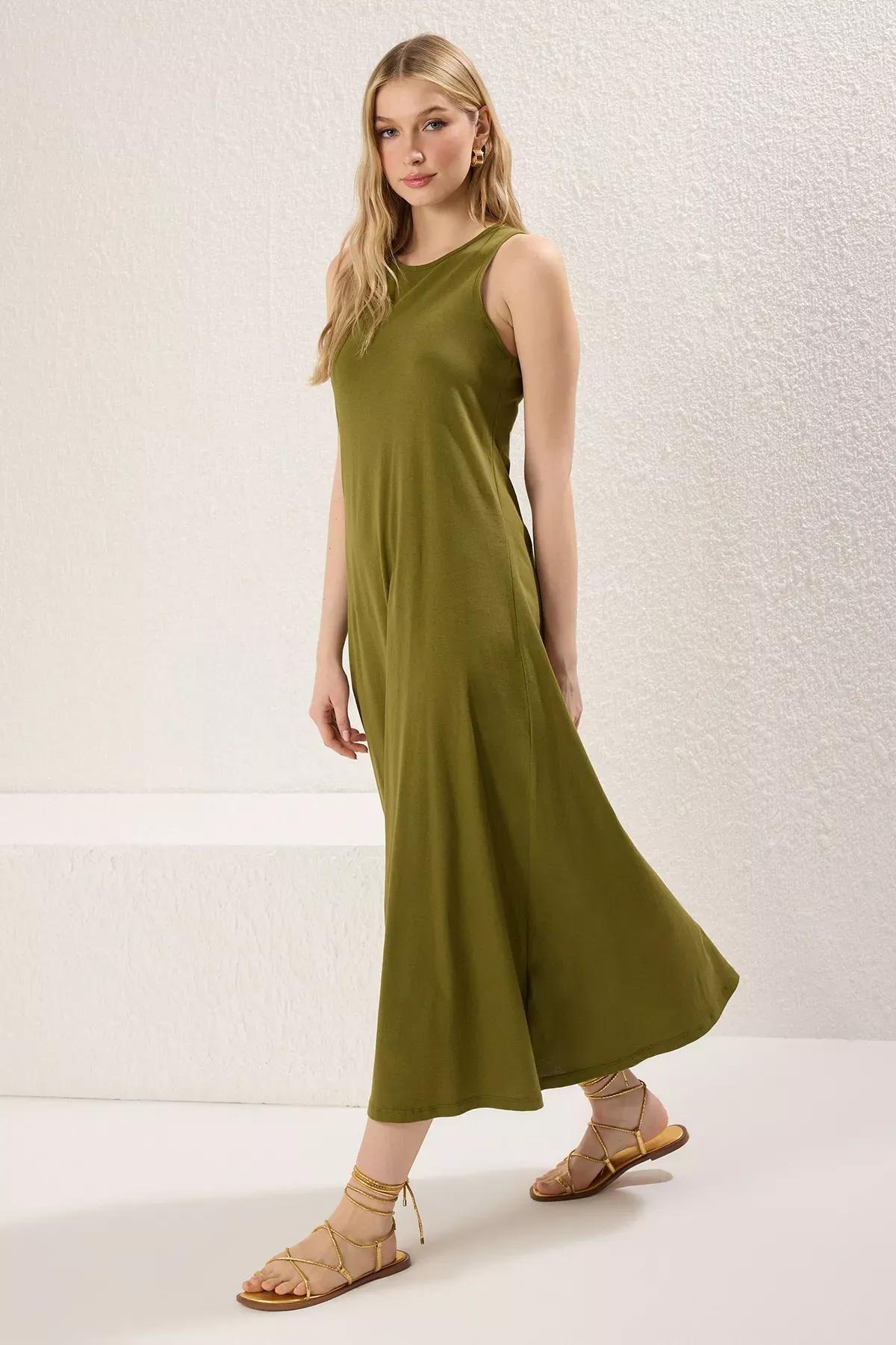 Green Halter Neck Flare Maxi Dress, Khaki, large image number 0