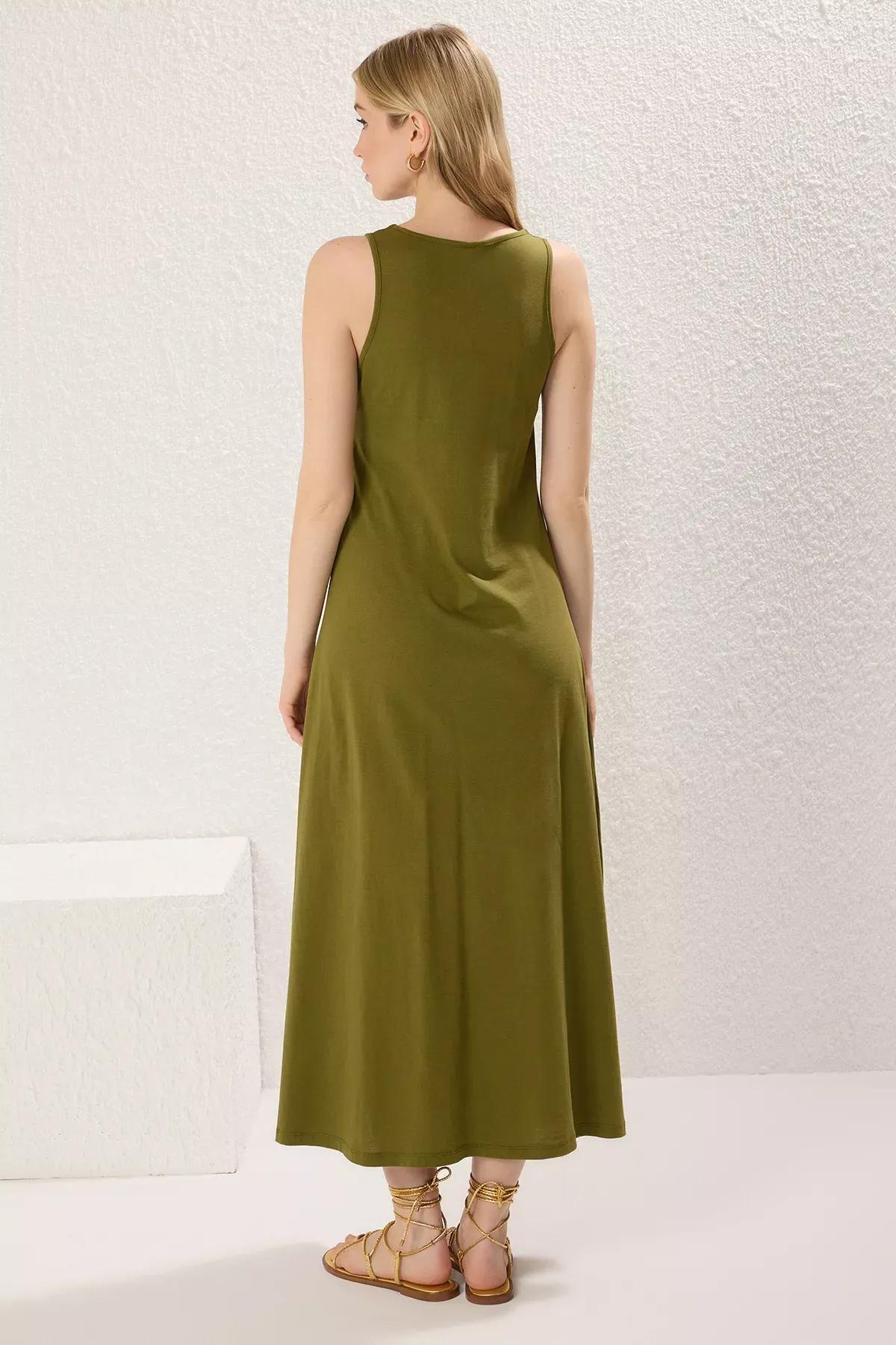 Green Halter Neck Flare Maxi Dress, Khaki, large image number 3