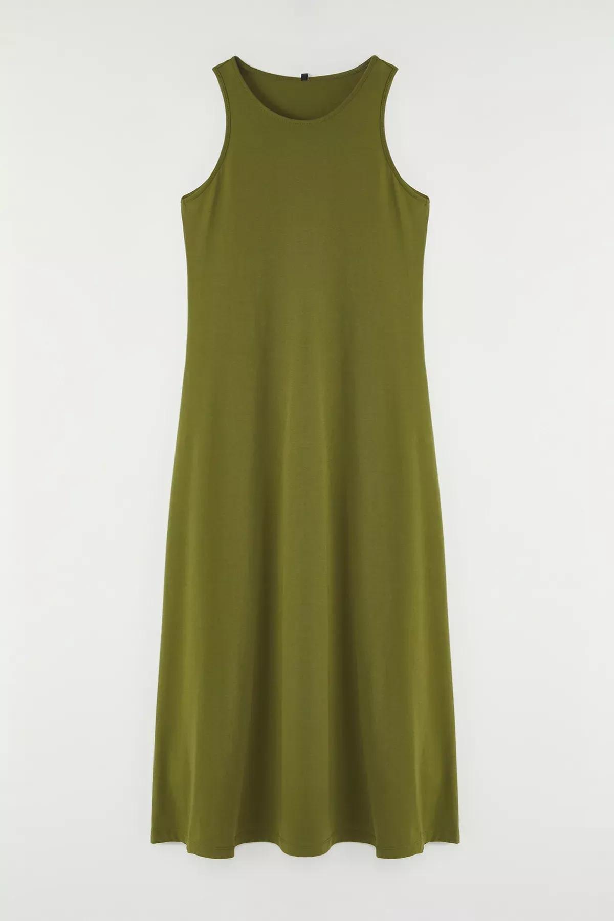 Green Halter Neck Flare Maxi Dress, Khaki, large image number 4