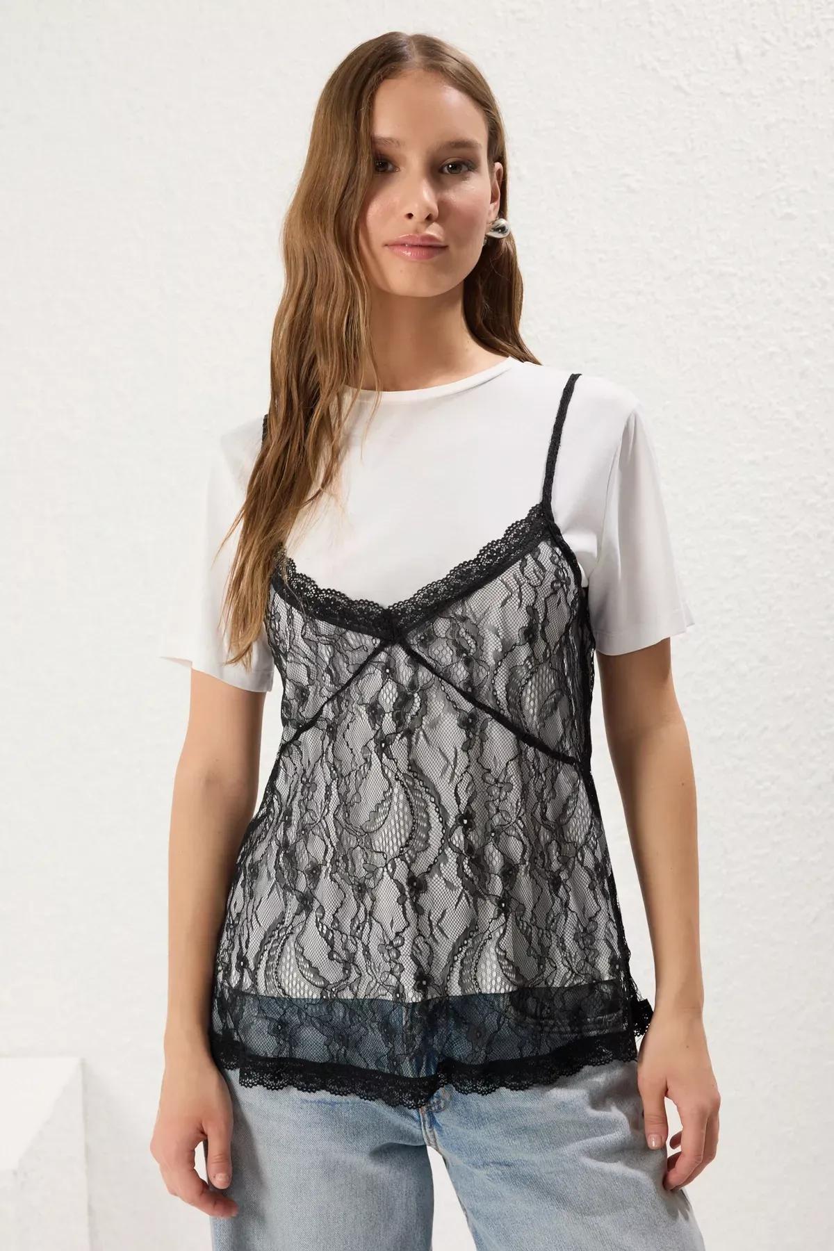 Black Lace Strap Knit Blouse, , large image number 0