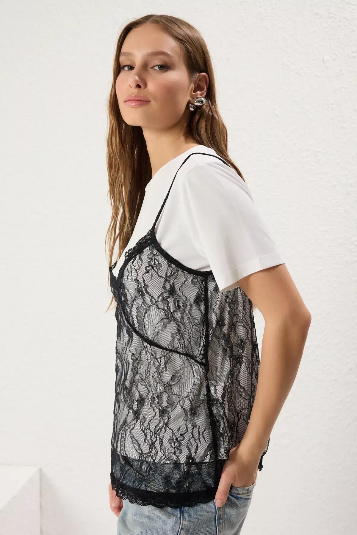 Black Lace Strap Knit Blouse, , large image number 1