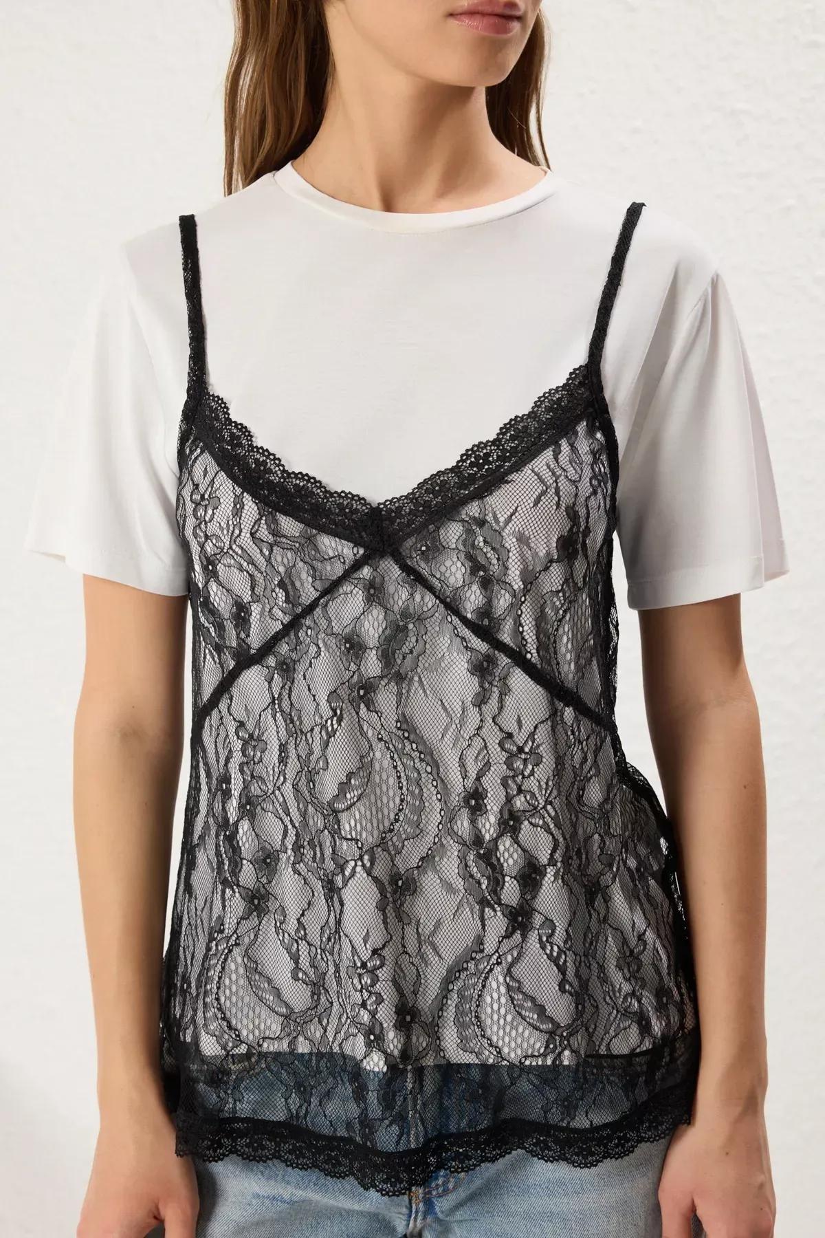 Black Lace Strap Knit Blouse, , large image number 2