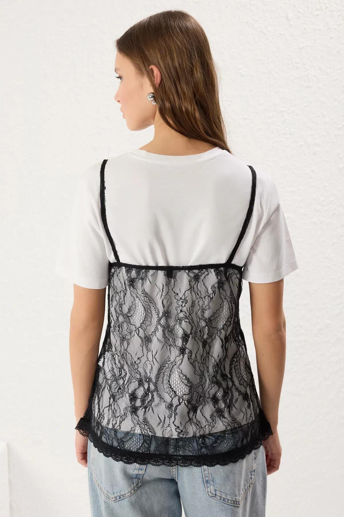 Black Lace Strap Knit Blouse, , large image number 3