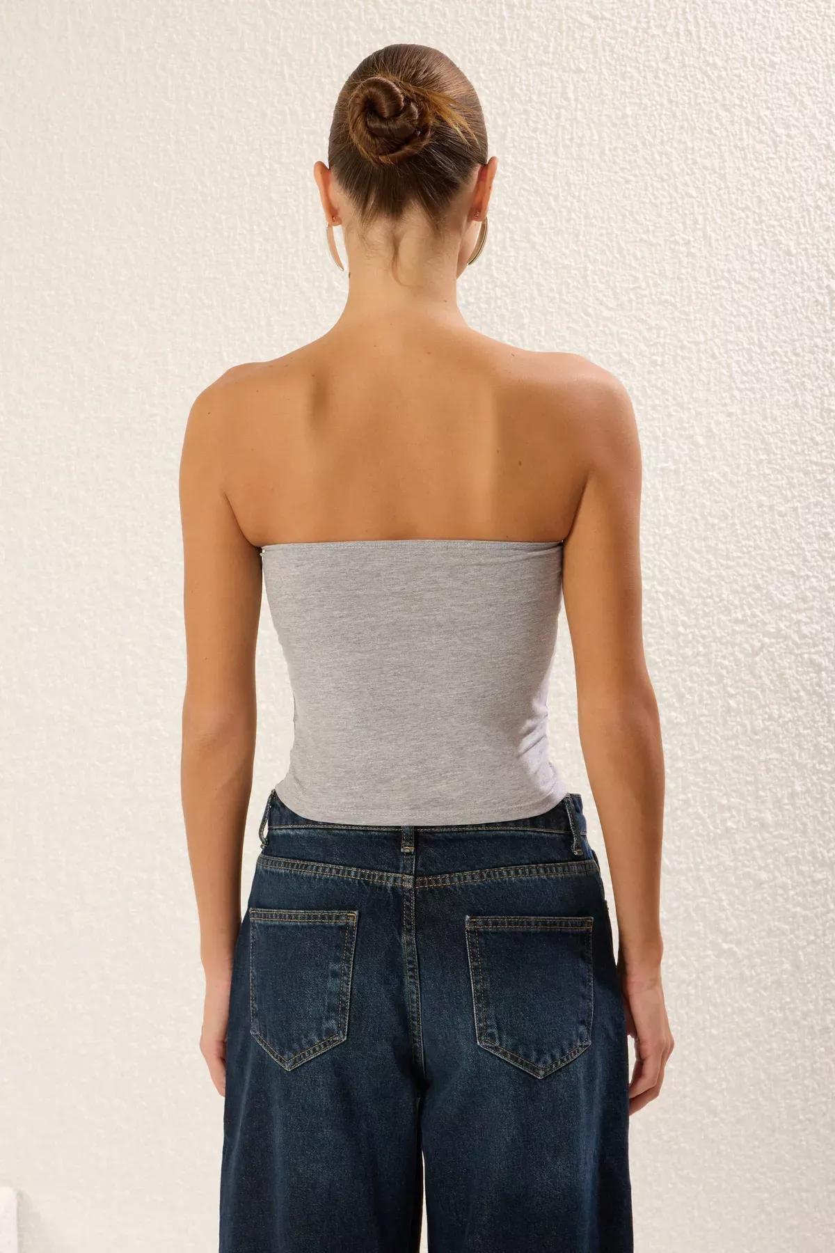 بلوزة ضيقة مُحاكة من نسيج مطاط بعقدة، رمادي, GRAY MELANGE, large image number 4