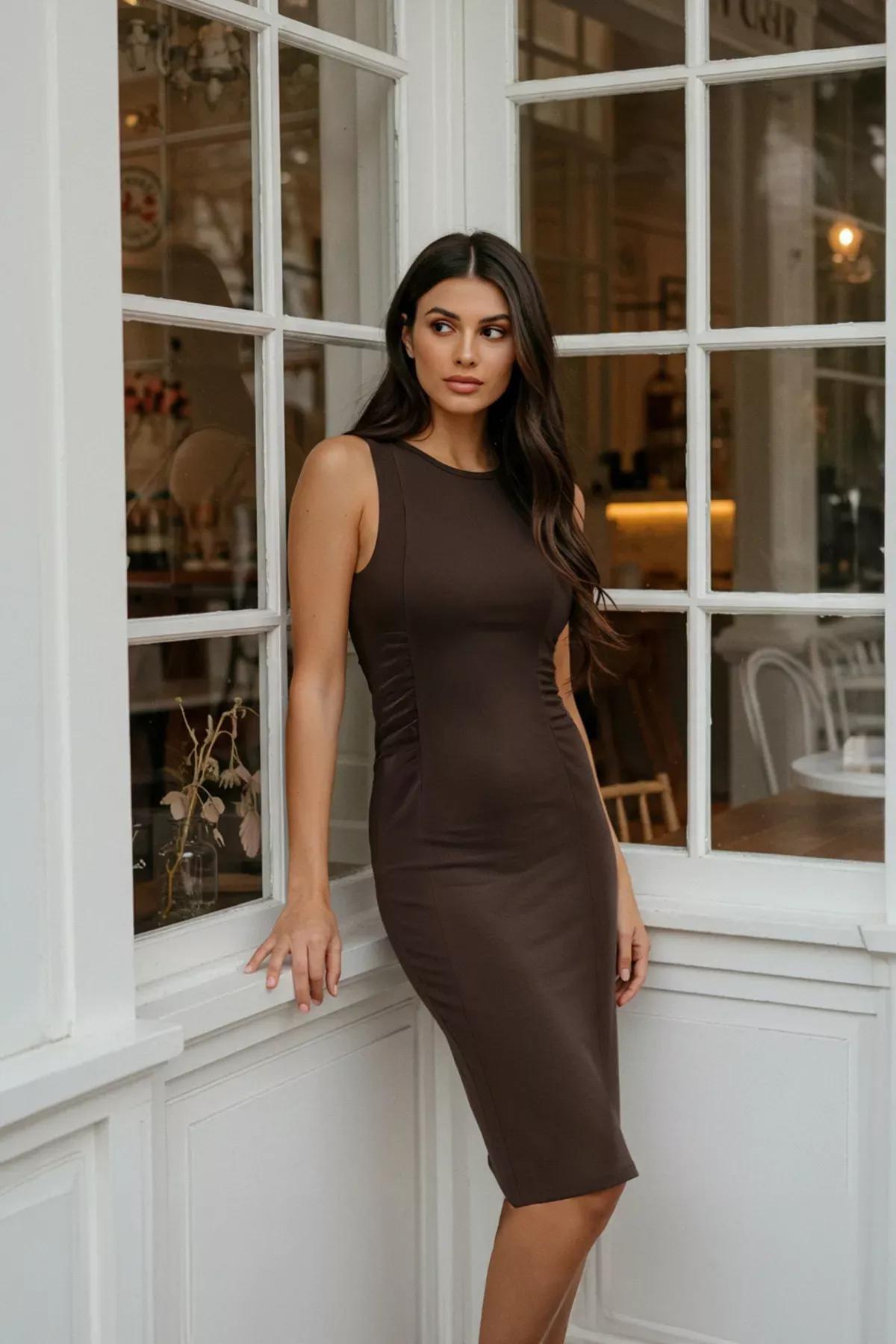 Brown Bodycon Midi Knit Dress, Brown, large image number 1